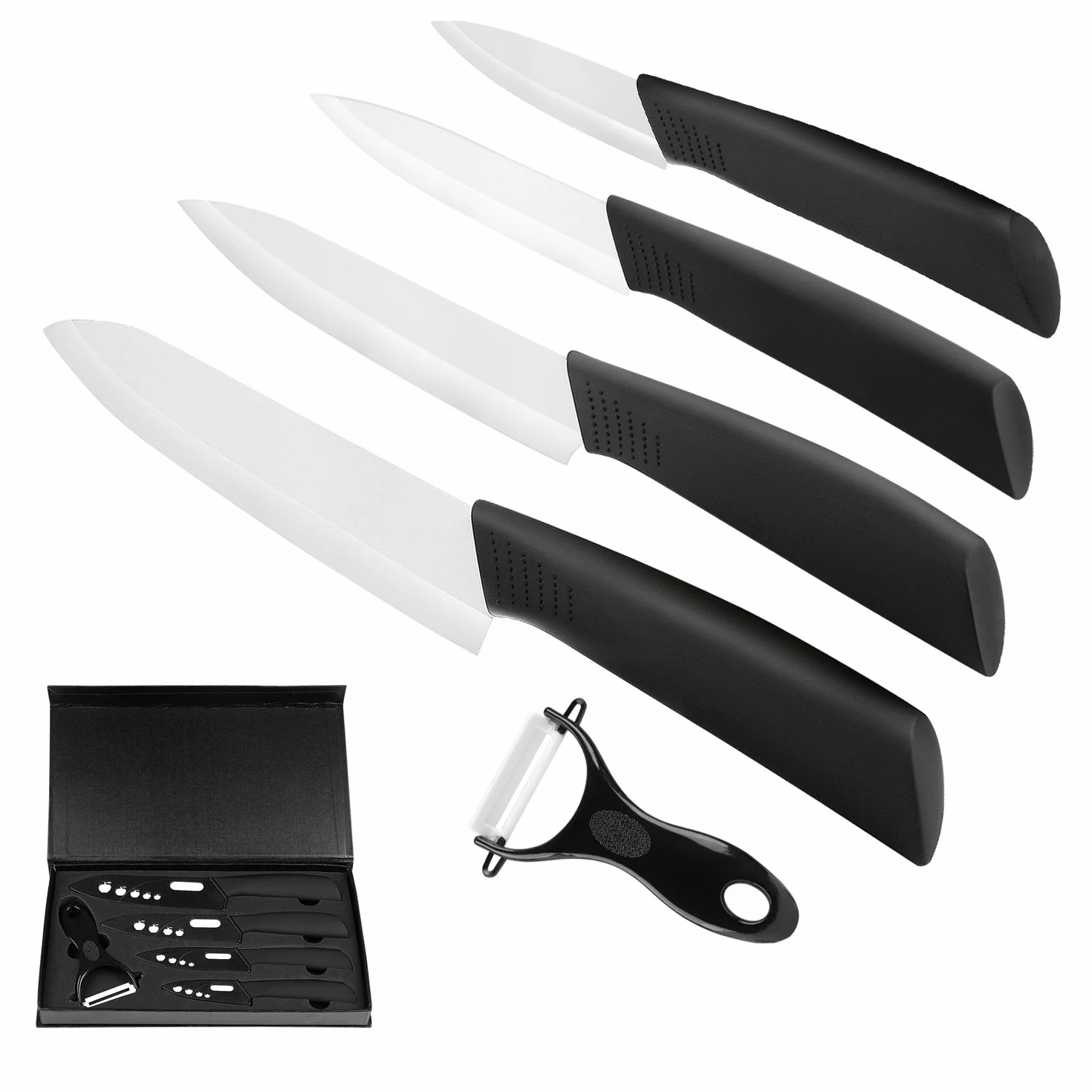 Set de Cuchillos de Cerámica 4 Piezas con Pelador, Chef 6" Utilidad 5" Fruta 4" Pelado 3" Blanco