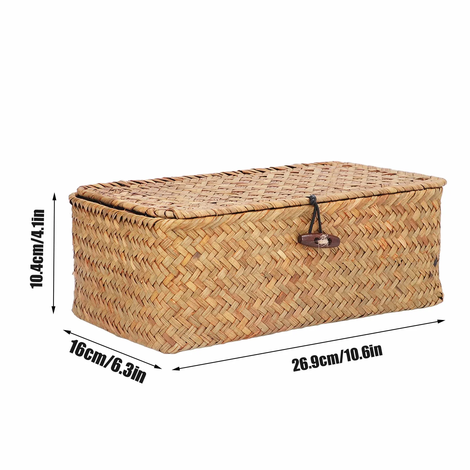 Cesta de Pasto Marino con Tapa, Organizador Tejido, Cestas de Almacenamiento, Cesta de Mimbre, Estante Rectangular, Contenedores, Caja Organizadora de Escritorio, Tamaño M