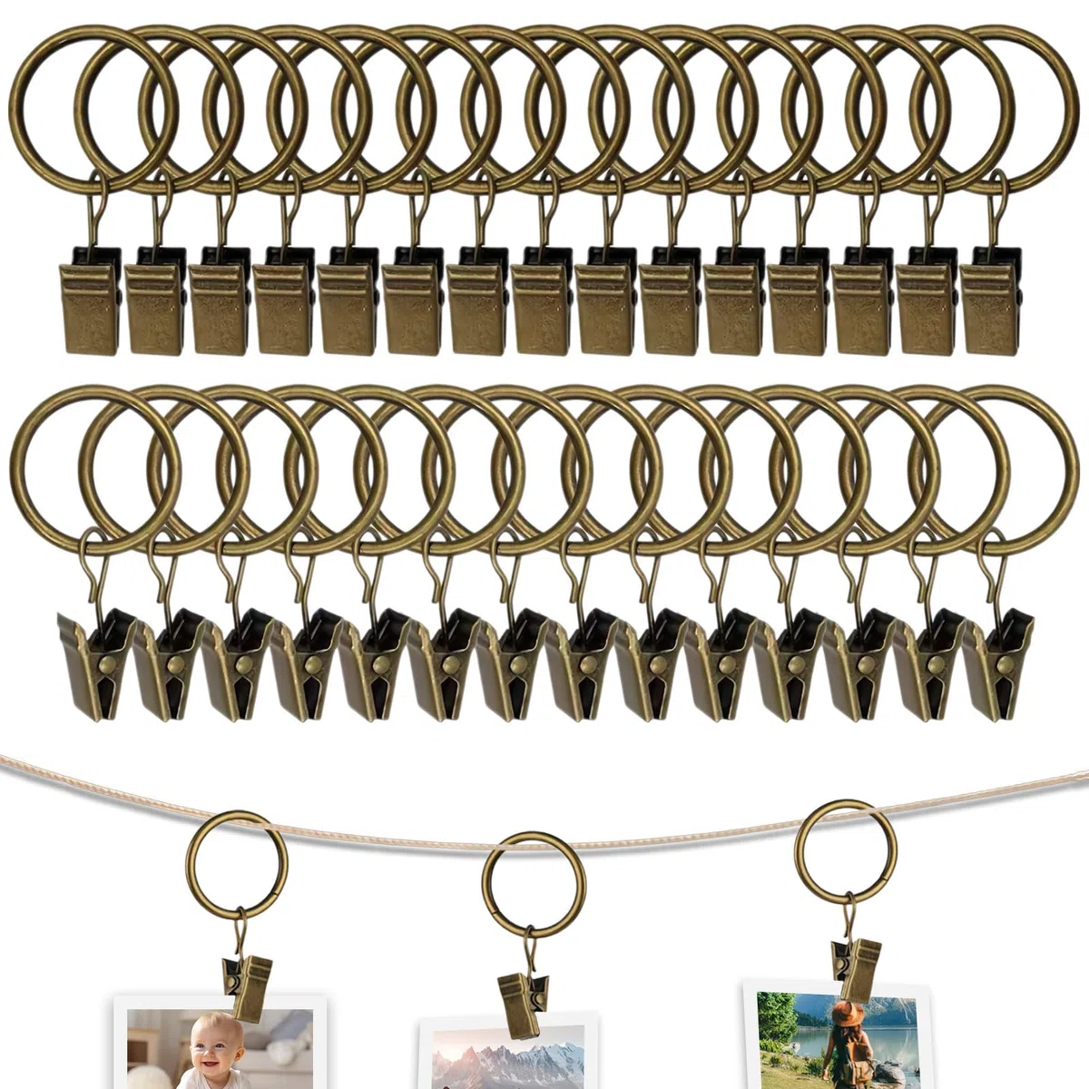 Set de 30 Anillas con Pinzas para Cortinas, Metal Ganchos de Díametro Interior 32 mm, Enganche (Cobre)
