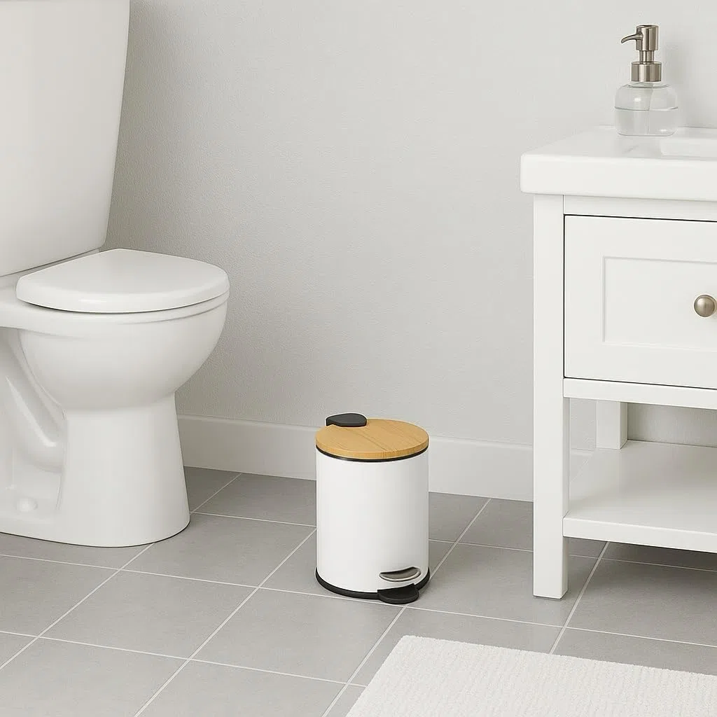 DAMDAM GO Papelera de Baño con Tapa de Bambú 3L – Cubo de Basura con Pedal y Cierre Suave Silencioso, Diseño Elegante Antihuella para Baño, Cocina u Oficina (Blanco)