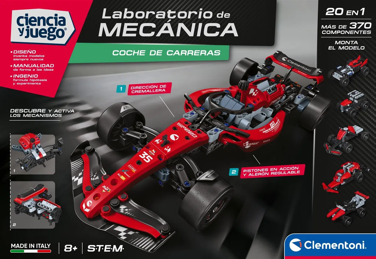 Clementoni - Mechanics - Coche de Carreras - Laboratorio de mecánica - Ultrarápido - Kit con mas de 370 Piezas - con mecanismos de piñón y Cremallera y dirección - A Partir de 8 años - 55624