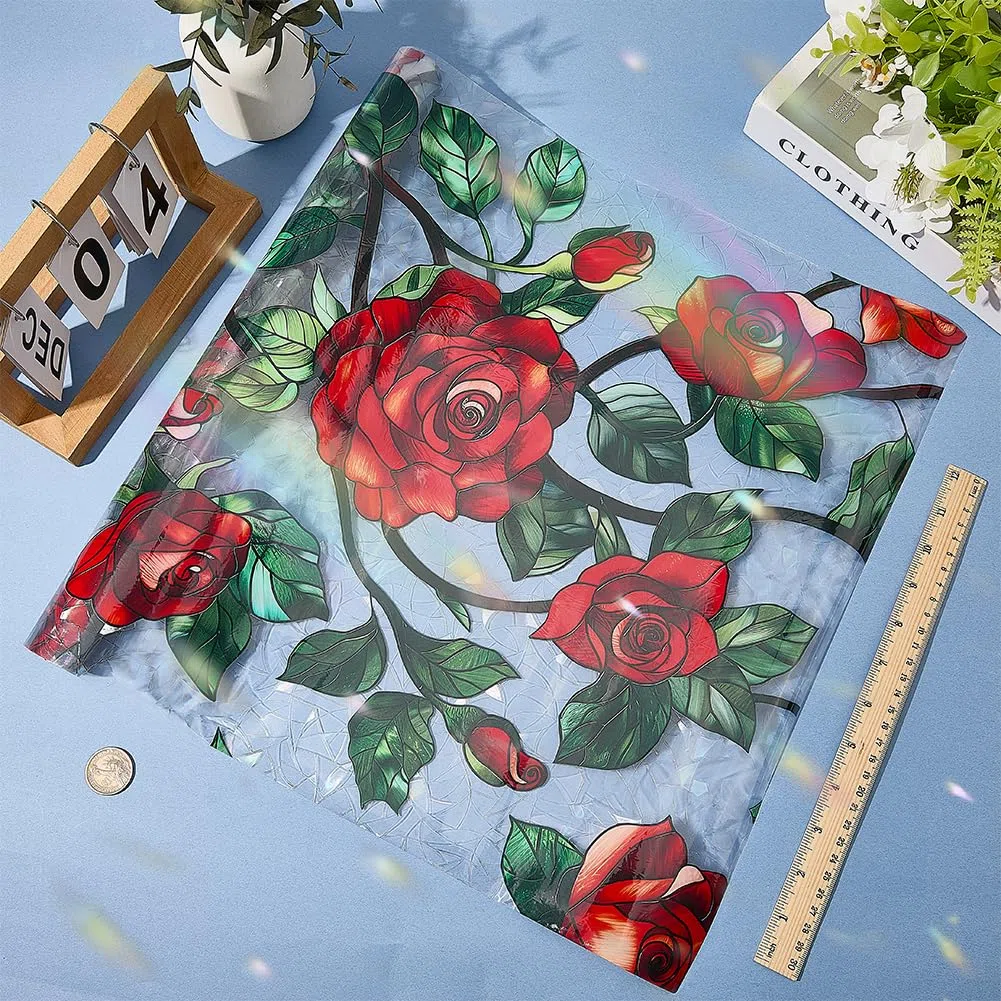 GORGECRAFT Película de Privacidad para Ventana con Diseño de Arcoíris Y Rosas de 100x43cm con Flores Rojas Bloqueador Solar No Adhesiva para Vidrio de Ventana 3D Estática Resistente A los Rayos UV