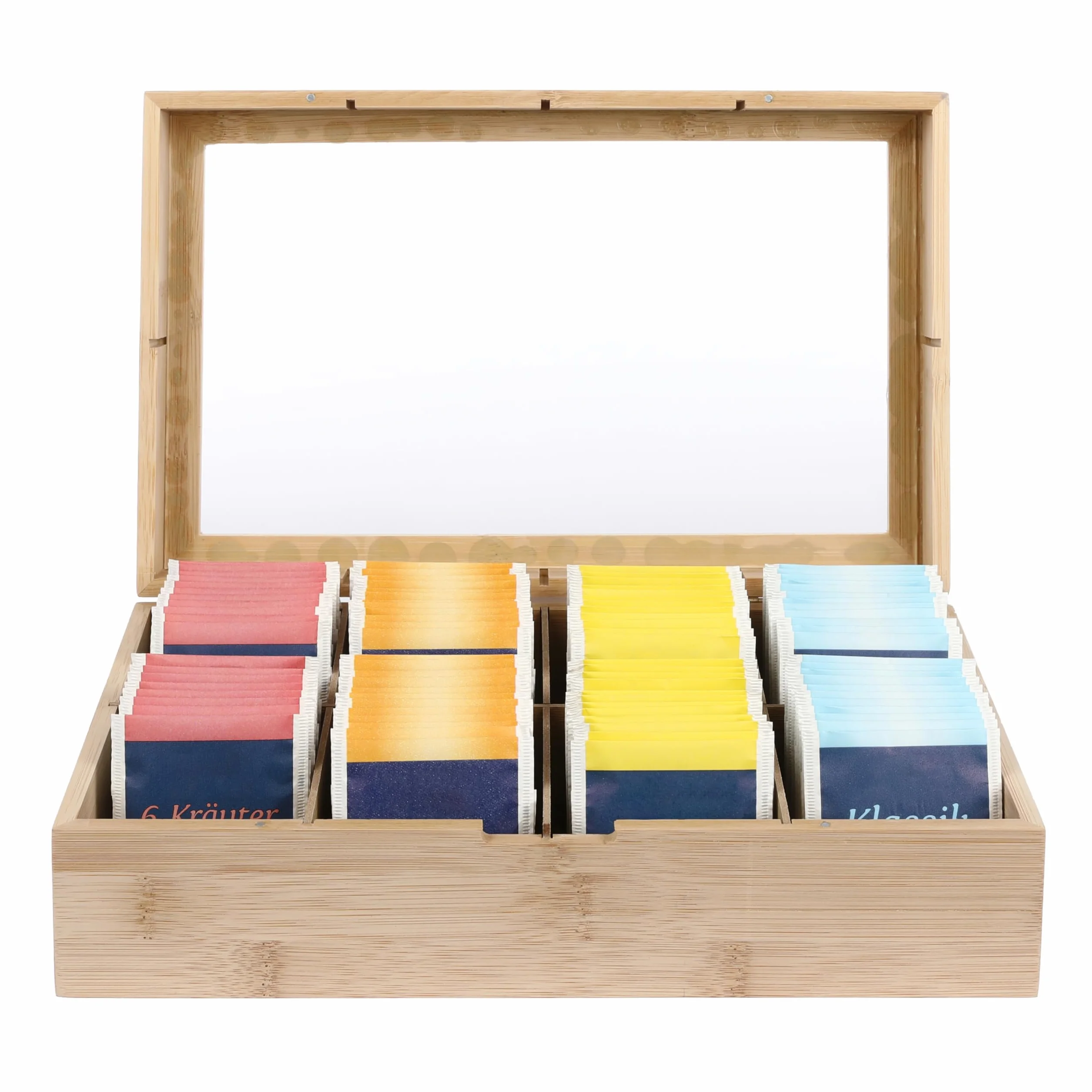 Caja de té de bambú de madera con 8 compartimentos y ventana – Ideal para bolsas de té, té, café, especias o como regalo