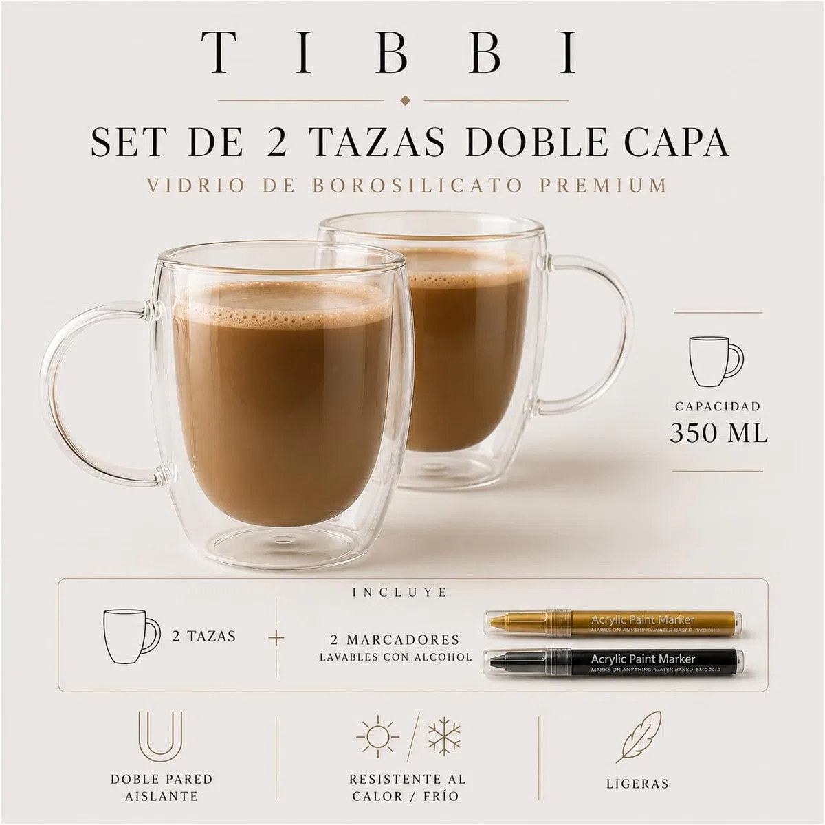 Tazas de Café de Cristal, 2x350ml, Vasos de Doble Pared con Asa,Tazas de Vidrio Borosilicato para Té, Café, Leche, Latte, Macchiato