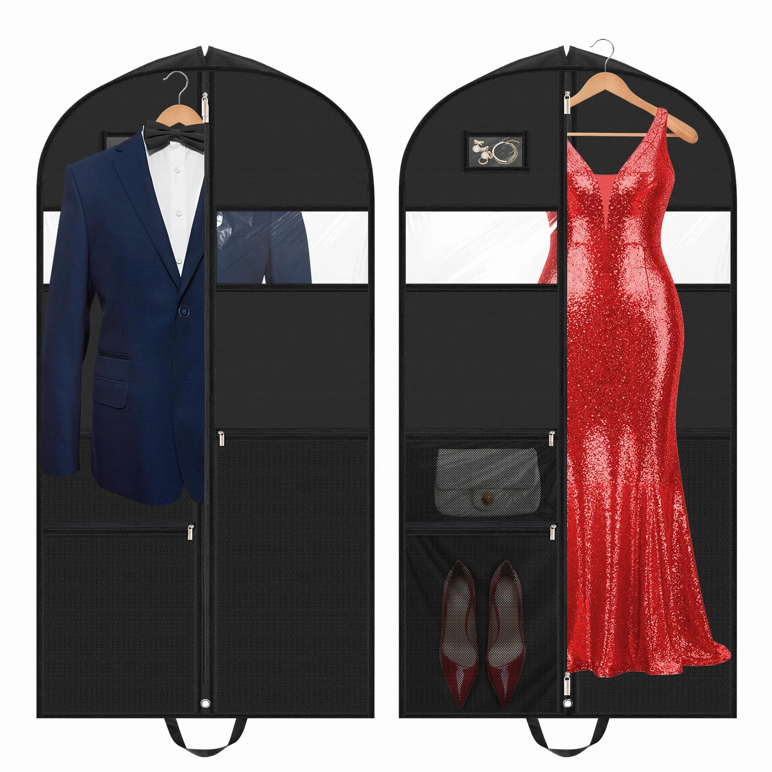 Alyvisun 2PCS Funda Ropa 3 Bolsillos con Cremalleras, Portatrajes Largos 130x60cm, Porta Trajes con Manijas para Ropa Vestido Noche, Boda