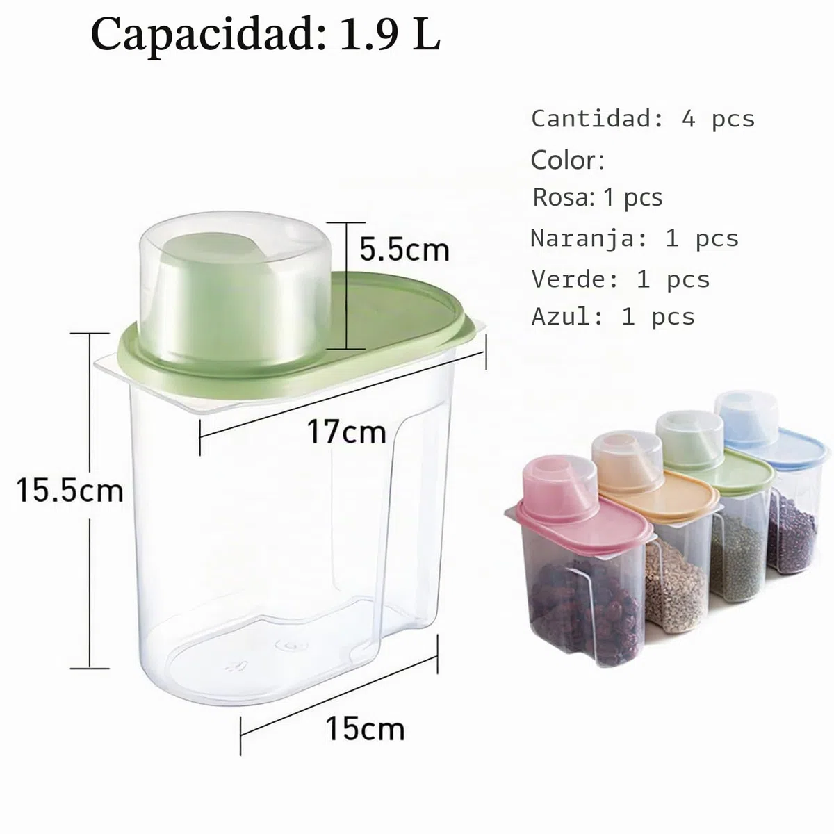 4 Piezas 1,9 L Tanque Almacenamiento Alimentos Secos con Medidora Caja, Envases Cereales Plástico, Almacenamiento Alimentos, Se Utiliza para Alimentos Secos, Cereales, Harina, Café