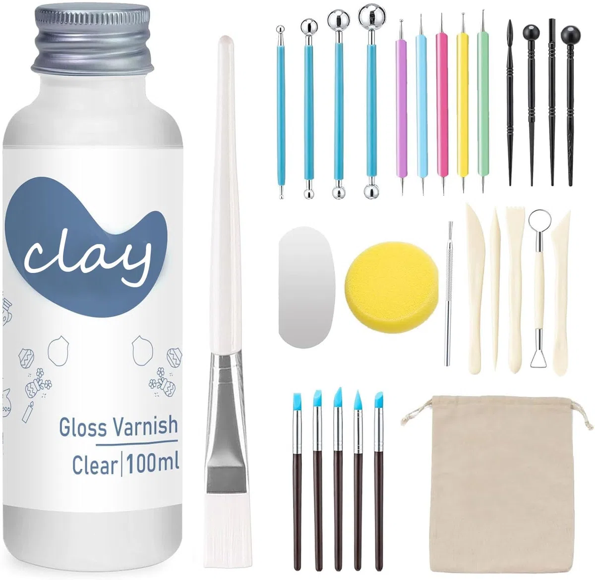 Kit de 29 Herramientas Arcilla Secado al Aire con Barniz Arcilla, Barniz Ceramica de Alto Brillo, Resistente a Rayones e Impermeable, Kit de Herramientas Ceramica para Esculpir, Modelar (brillante)