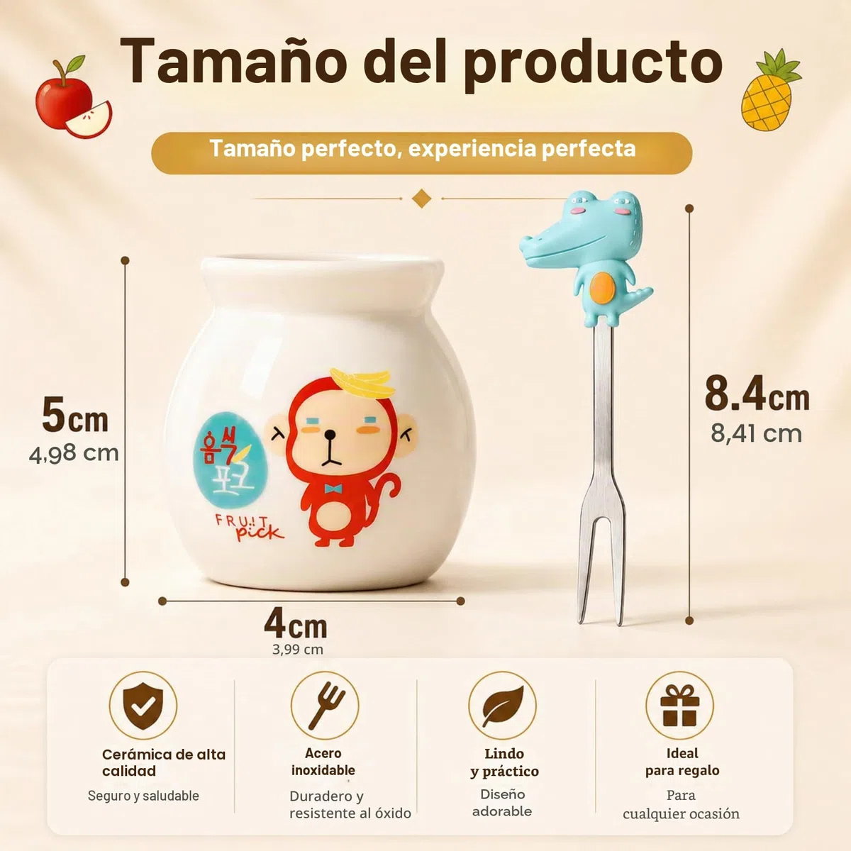 Mini Tenedores de Fruta Decorativos en Forma de Animales, ZAKVOP Tenedores de Acero Inoxidable con Asas de Silicona y Tarros de Almacenamiento de Cerámica