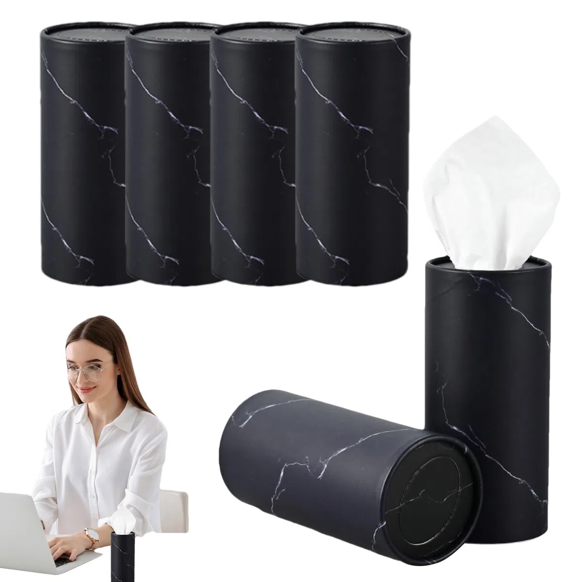6 Botes de pañuelos Redondos para Coche, Soporte de pañuelos faciales, Caja de pañuelos cilíndricos, contenedor de pañuelos de Tubo Recargable Negro para Camiones, vehículos, hogar, Lugar de
