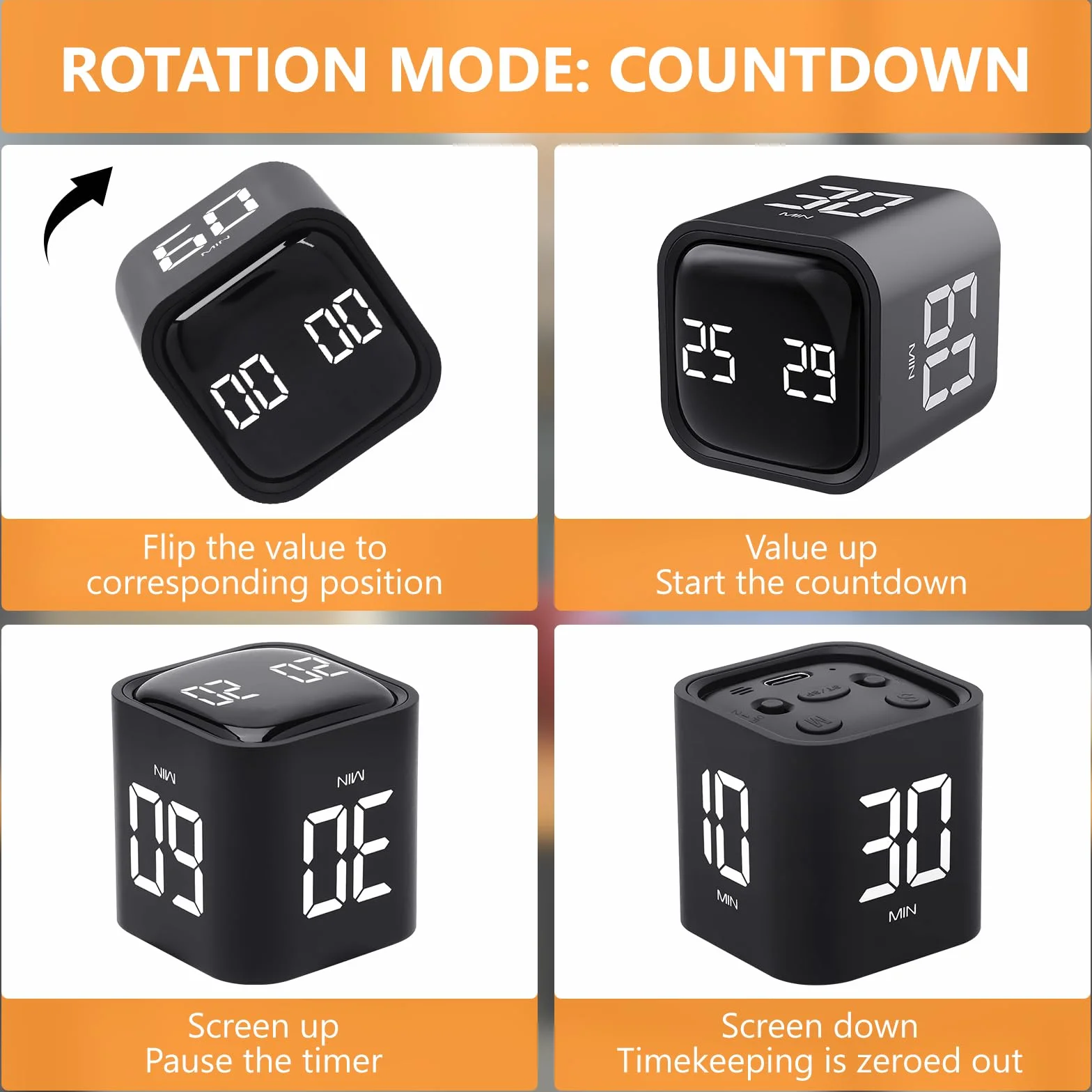 Cuteefun Cubo Temporizador, Pomodoro Timer Rotativo, 5/10/30/60 Minutos y Cuenta Atrás Personalizada, Temporizador Digital con Vibración, Alerta Sonora Ajustable para Cocina, Estudio, Reunión, Negro