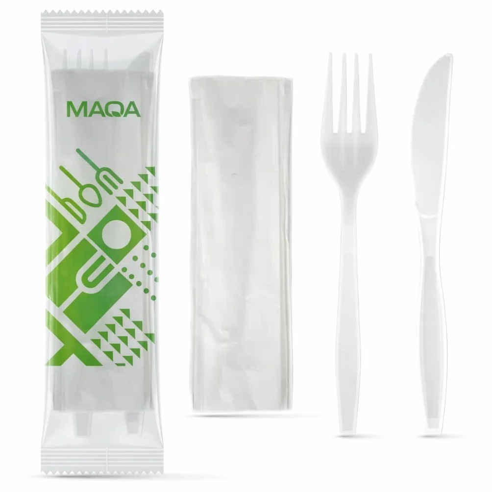 MAQA 100 piezas Cubiertos biodegradables y compostables, Tenedor y cuchillo envueltos individualmente con servilleta, Bis cubiertos