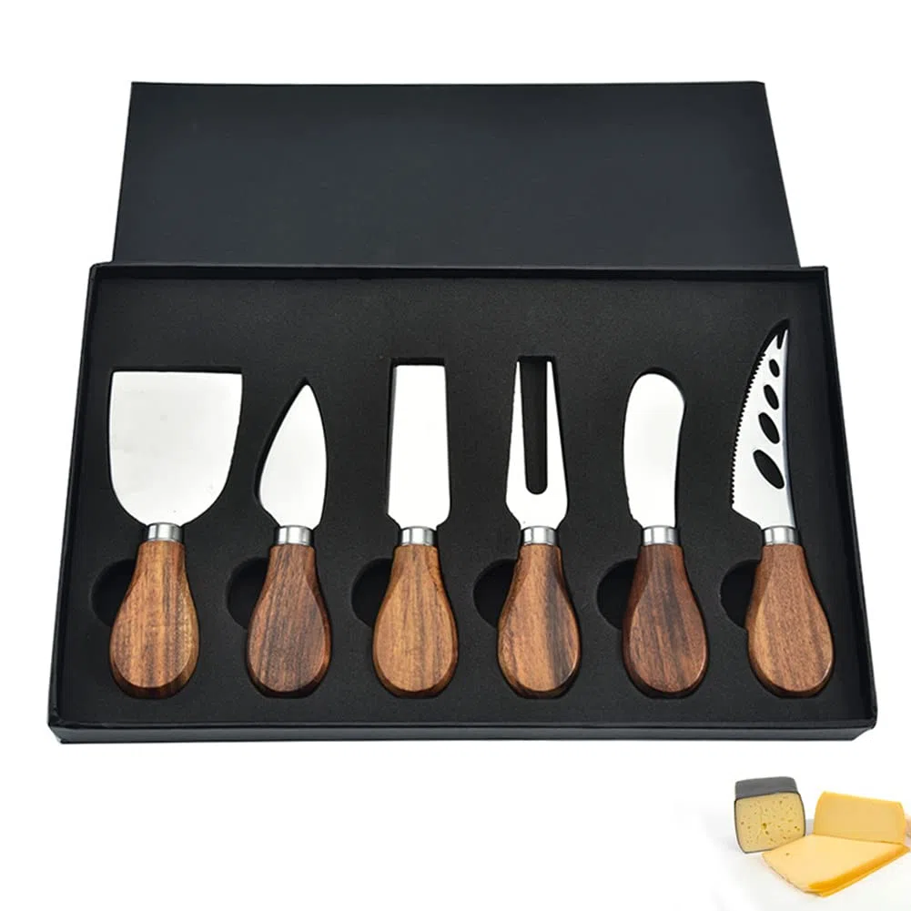 Lin's Wood Juego de 6 cuchillos de queso de acero inoxidable con caja de regalo.(mango de madera de acacia)
