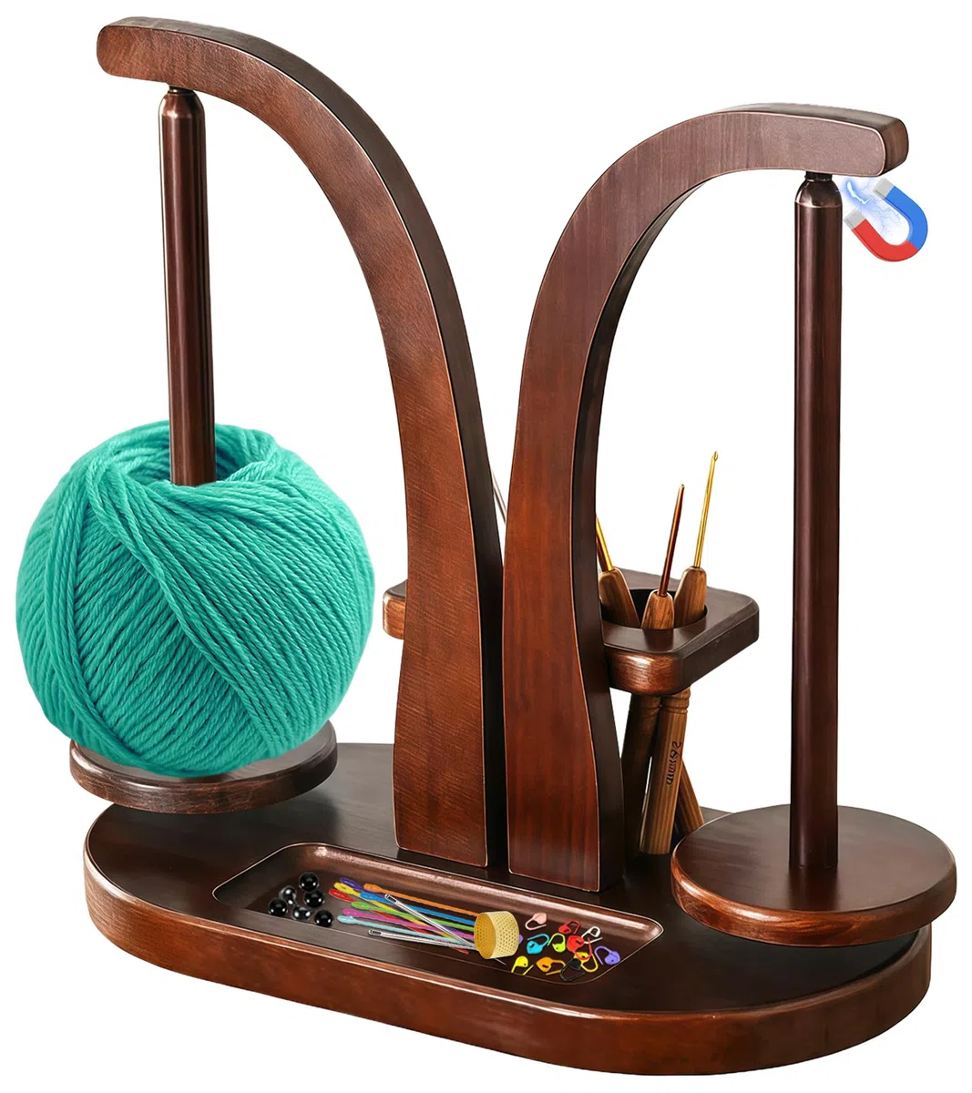 Soporte de Hilo para Ganchillo, Soporte de Lana Magnético Multifuncional, Desenrollador Porta Bolsas de Lana Giratorio de Madera Organizador y Accesorios, Regalo Ideal para el Día de la Madre