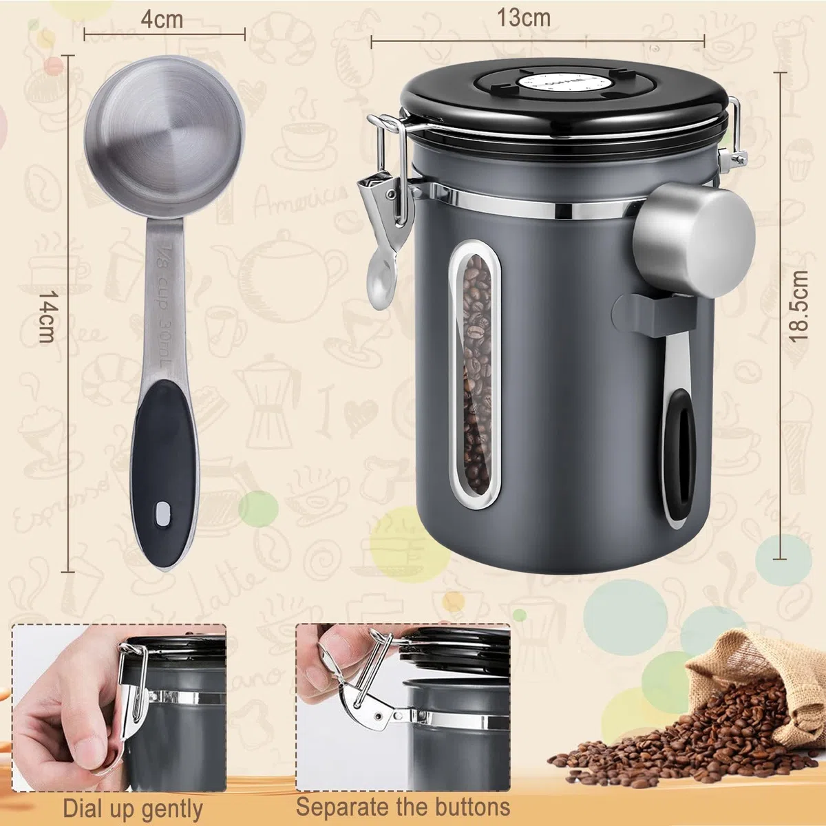 Bote para Café,1.8L Tarro de café hermético,contenedor de café de Acero Inoxidable,Caja de Almacenamiento de Alimentos,con Válvula de CO2 y cuchara,para cafe grano o cafe molido,Gris
