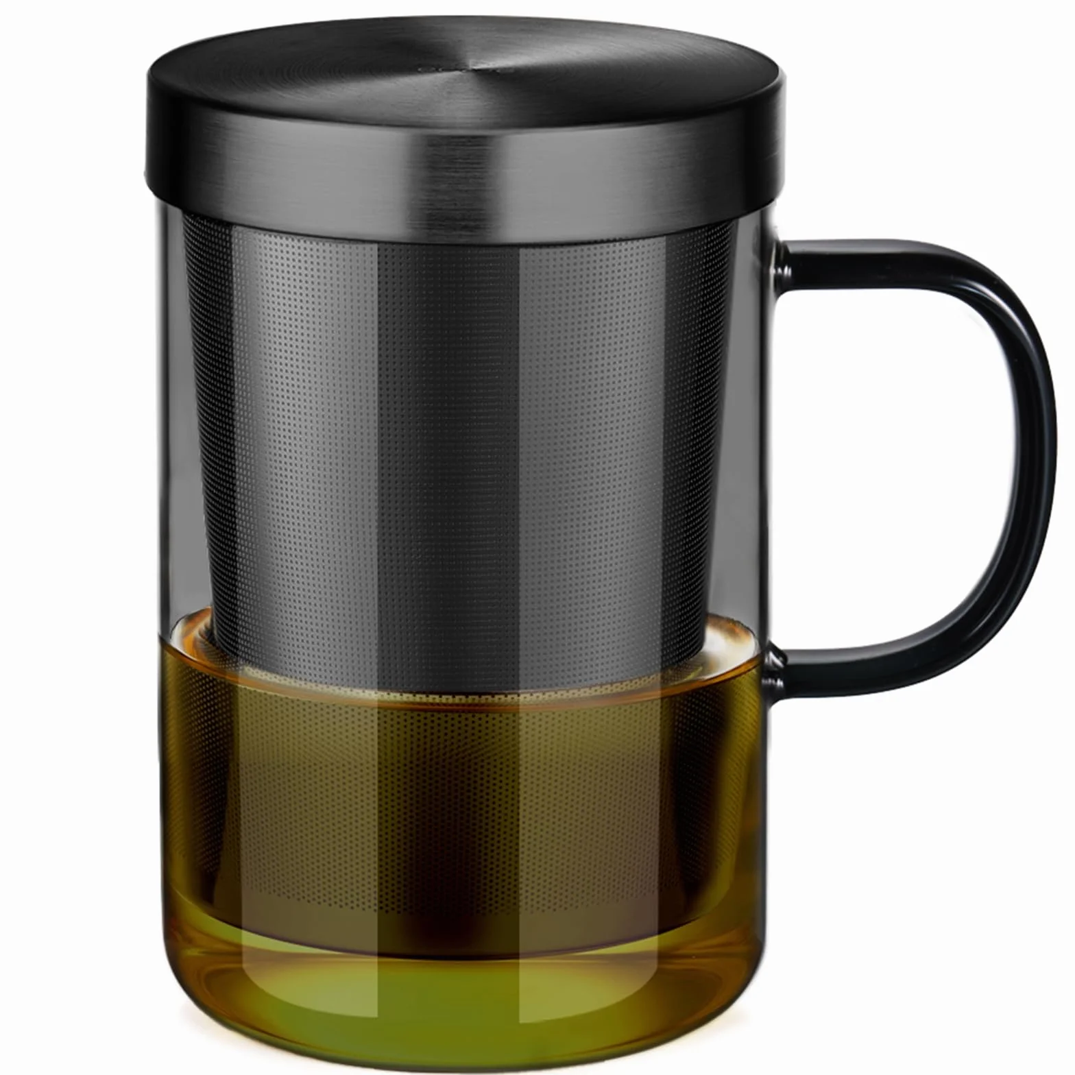 ecooe 500 ml Taza de té de cristal negro con colador y tapa, vaso de té con asa, taza de té de borosilicato con filtro de té