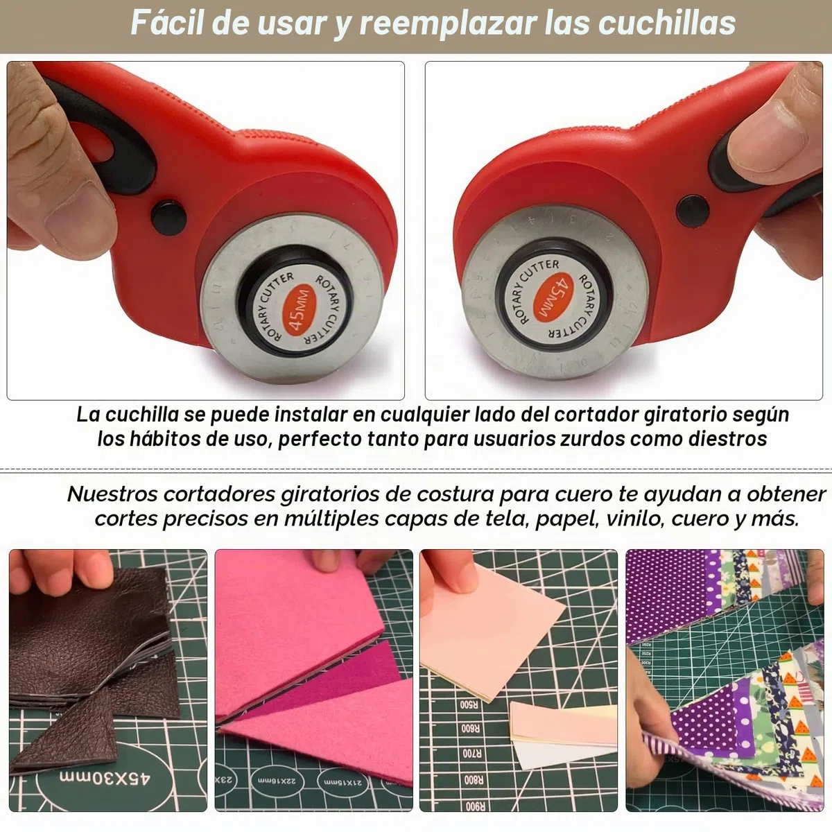 Cuter Rotatori Cúter de Cuchilla Circular Cúter Rotativo con 5 Cuchillas de 45mm Cortador Giratorio con botón de bloqueo Rotary Cutter para Tela Patchwork Costura Manualidades Papel Kraft o Cuero