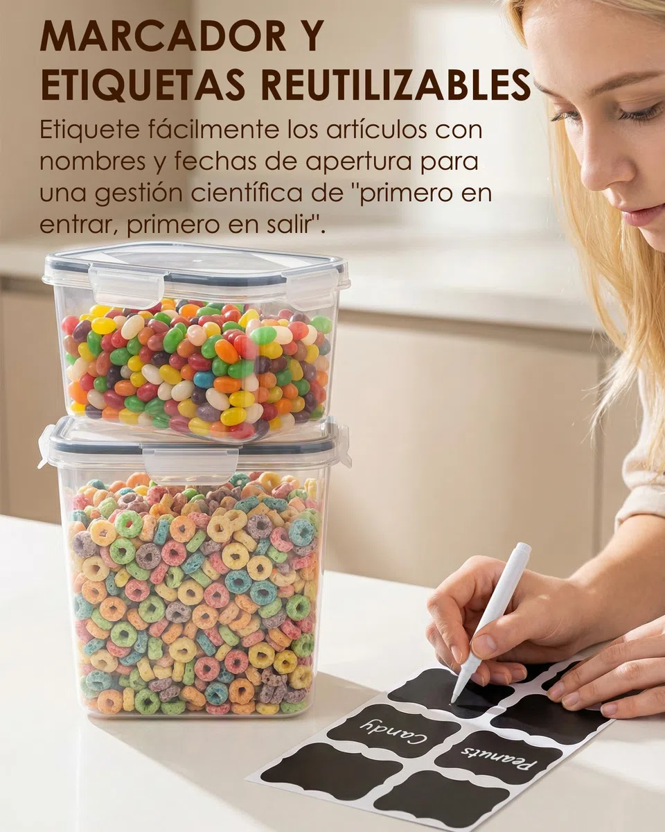 Recipientes herméticos para alimentos con tapa, 9 unidades, tapers para comida hermético, botes cocina almacenaje, tarros y tupers herméticos de plástico, ideal para harina, arroz, pasta y cereales