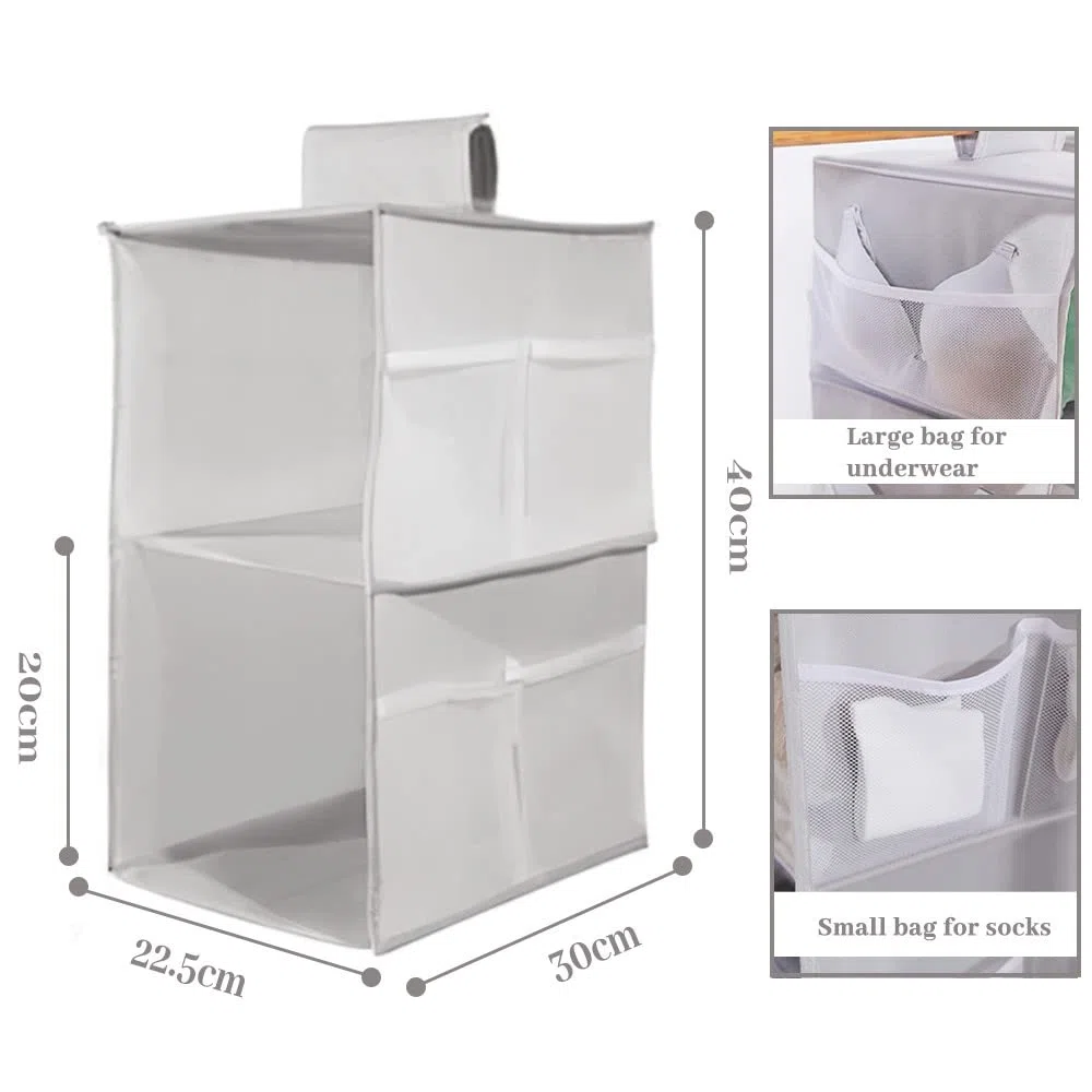 Organizador de Armario Colgante, Estantería Colgante de Tela, con 2 Niveles y 6 Bolsillos, Ahorro de Espacio y Plegable, Estante de Tela para Armario para Ropa, Toallas, Ropa(Gris Dos Capas)