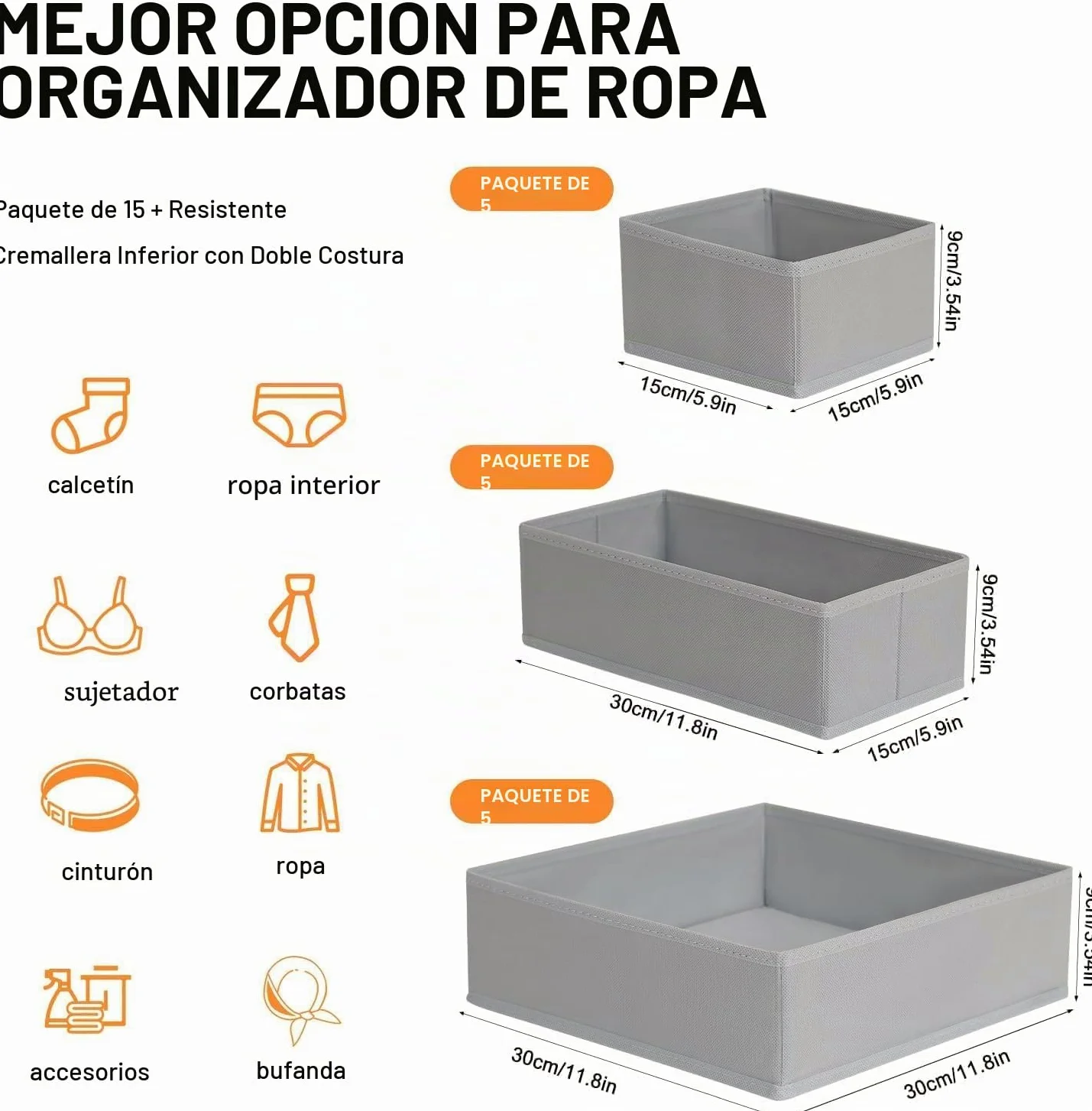 DIMJ Organizador Cajones Ropa Interior - Divisores de Cajones Juego de 15 Cajas Almacenaje Plegables de Tela Para Guardar Ropa, para Sujetadores, Calcetines, Cajas, Armario, Gris