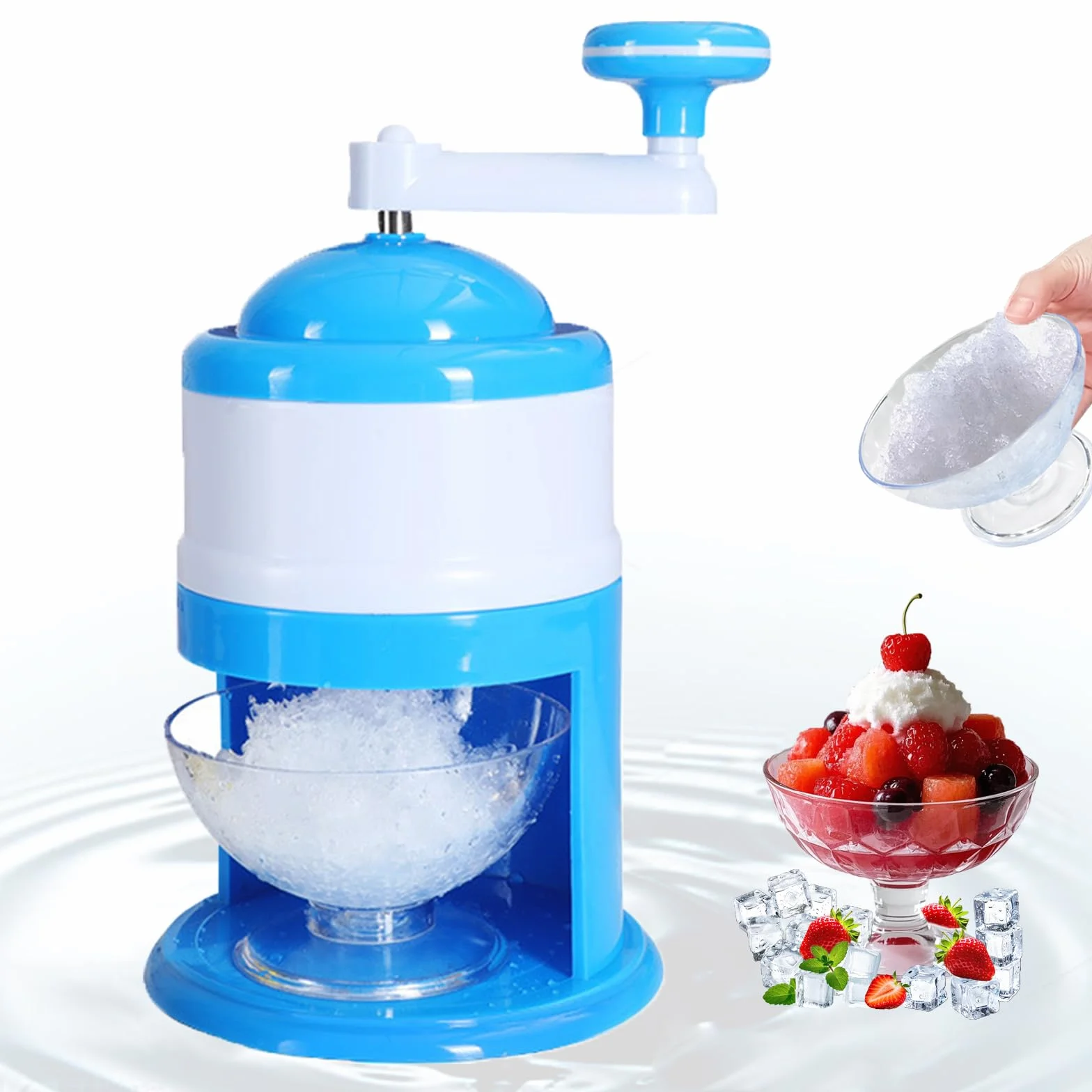 Manual Picadora de hielo raspado,Trituradora de hielo manual Rotary,Slush Machine,Perfecto para batidos y hielo picado - Sin BPA (Azul)