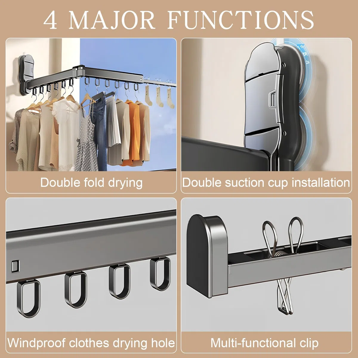 Tendedero de Pared Plegable y Extensible con Ventosa, Aluminio Duradero, Soporte hasta 10kg, Compacto y Portátil para Balcón, Baño, Dormitorio, Interior o Exterior