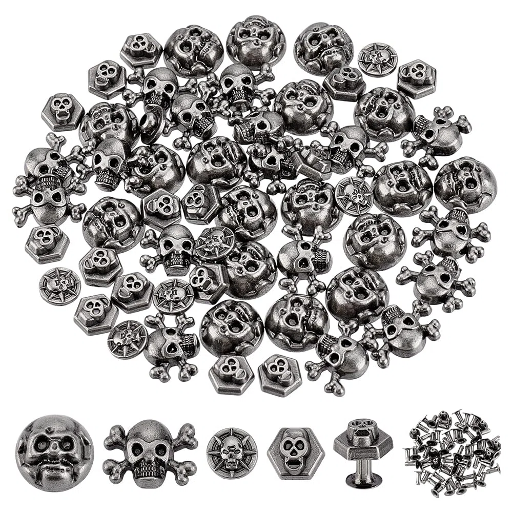 PH PandaHall 80 juegos de remaches de cabeza de calavera con rosca trasera, 4 estilos de remaches decorativos de calavera, remaches de esqueleto de plata envejecida para bolsa de ropa, cinturón de