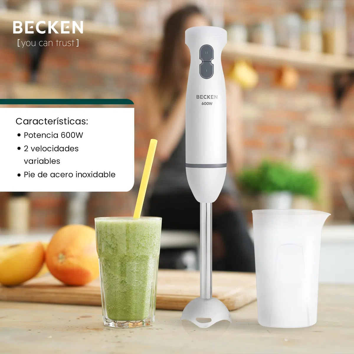 BECKEN - Batidora de Mano - 2 Velocidades Variables - Acero Inoxidable - Potencia 600W - Incluye vaso Medidor
