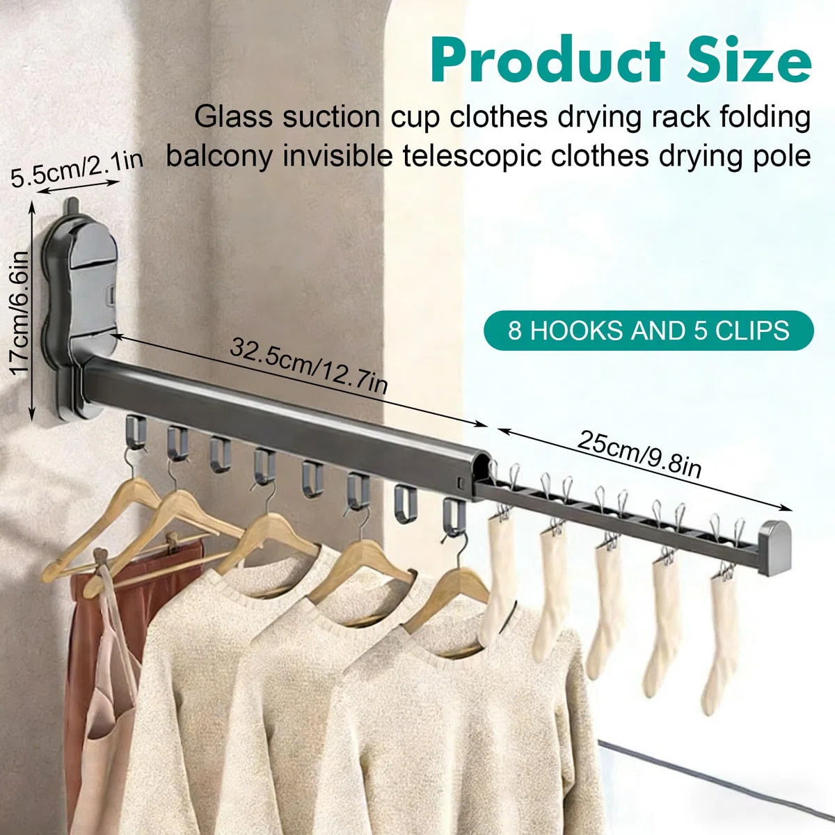 PORFOYO Tendedero Pared Plegable Extensible con Ventosa: Hanger De Lavandería Retráctil, Ahorra Espacio, Taza De Succión, Perchero para Secar Ropa para Calcetines, Ropa Interior Y Toallas