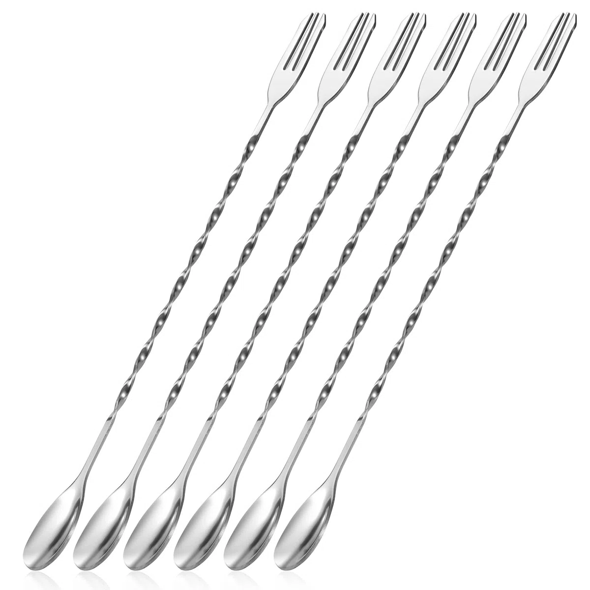 6 Piezas Cucharas de Cóctel de Acero Inoxidable con Mango Largo en Espiral, Tridente Para Bar y Cóctel 32cm (Plata)