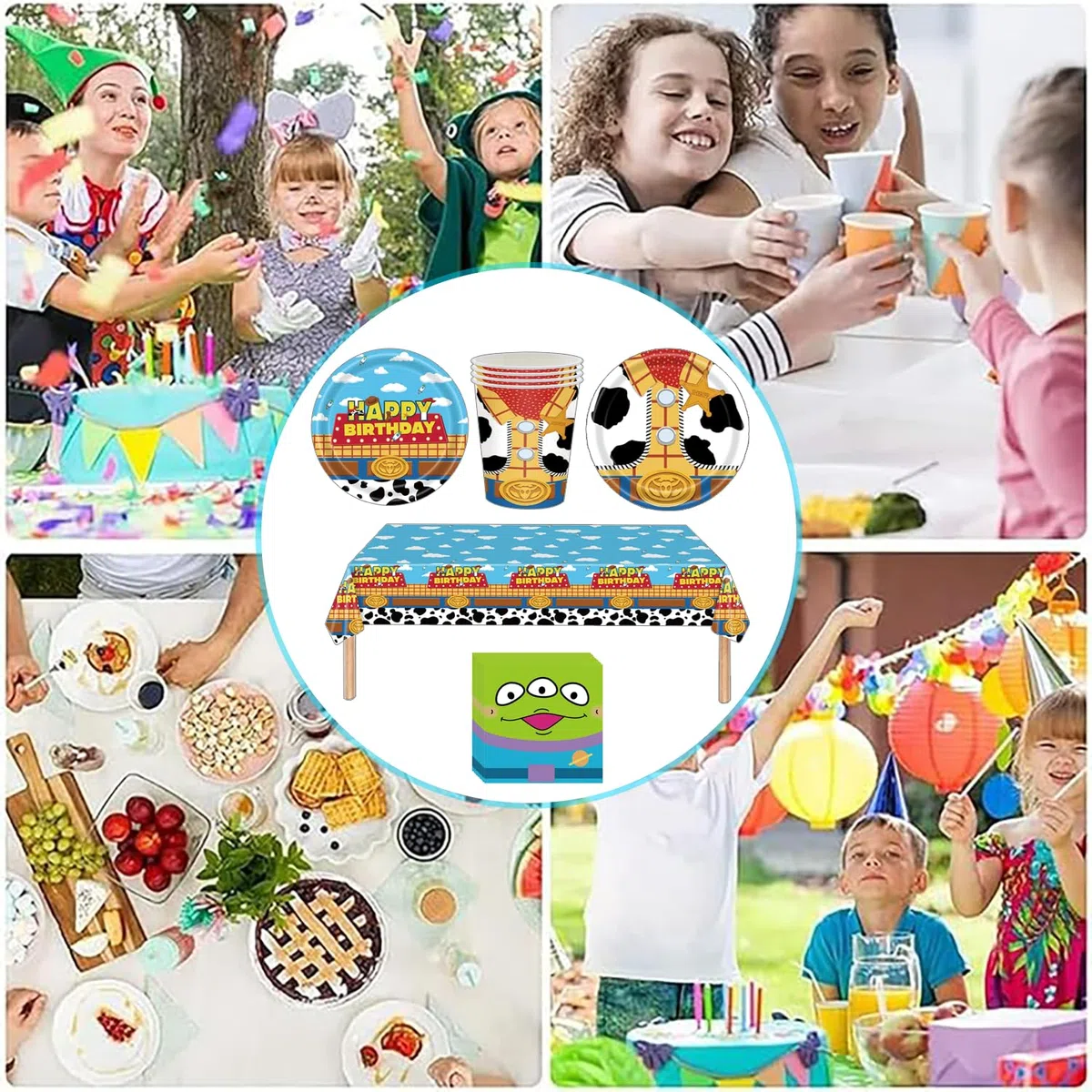 61 piezas Juego de vajilla de cumpleaños con temática de juguetes para niños, compuesto por vasos, platos, mantel y servilletas, suficiente para 20 invitados.