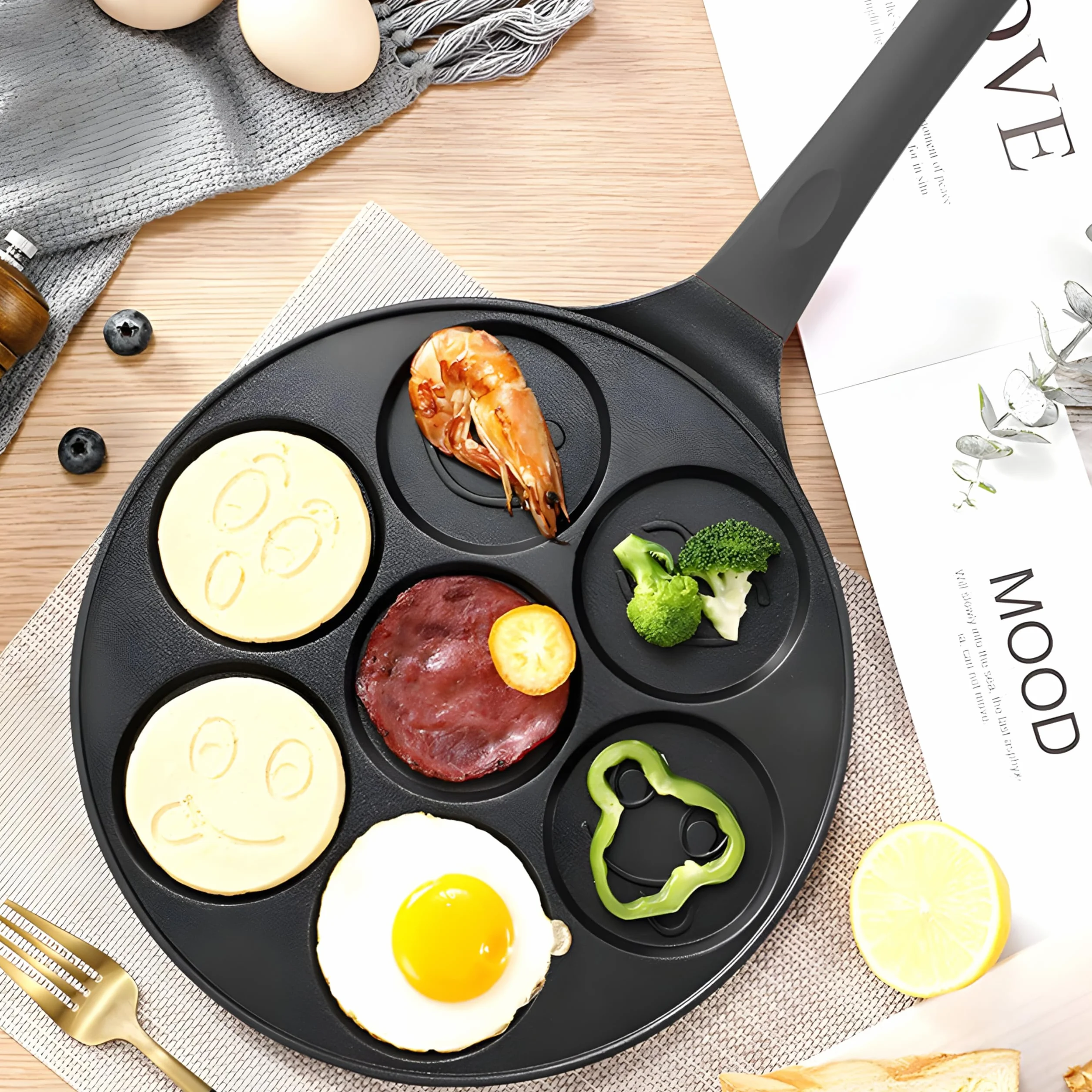 Retoo Sarten para Tortitas Antiadherente Panquecas Huevos Molde Crepes 7 Agujeros Diámetro 26,5 cm Fácil de Limpiar Infantil y Divertido Negro