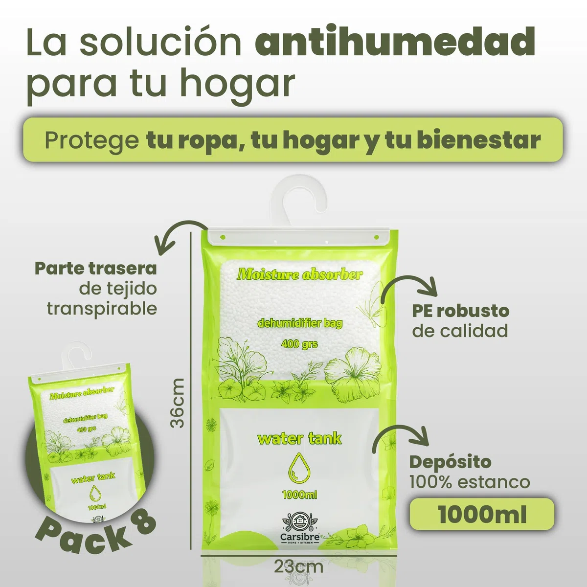 Bolsas Antihumedad Armarios 400g con Depósito 1L – Pack 8 (3,2 kg) – Deshumidificador Colgante Antimoho – Absorbe Humedad hasta 4 Meses – Sin Fragancia – Baños y Trasteros