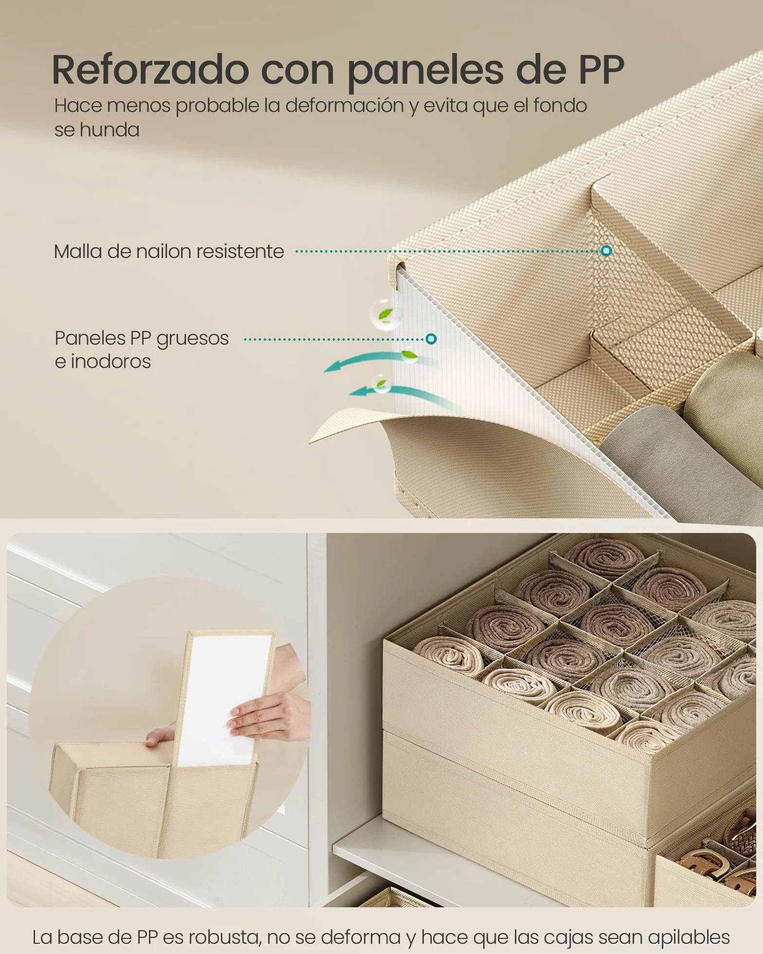 SONGMICS Juego de 4 Organizadores de Cajones, 80 Compartimentos, Cajas Plegables, 30x30x10 cm, Beige Arena