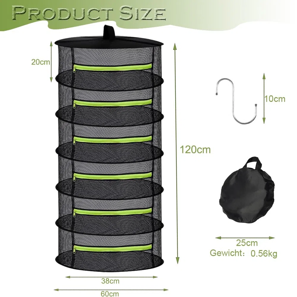 Red de secado para hierbas, 6 capas, con tijeras de podar y ganchos, plegable con cremallera, para hierbas, plantas, especias (verde + negro)