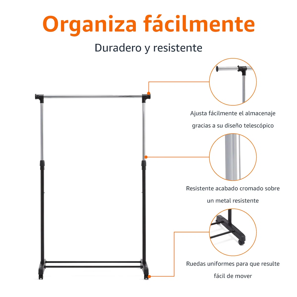 Amazon Basics Perchero de barra con ruedas, cromado, (91.5-145) x 42 x (134-161) cm (L x W x H)