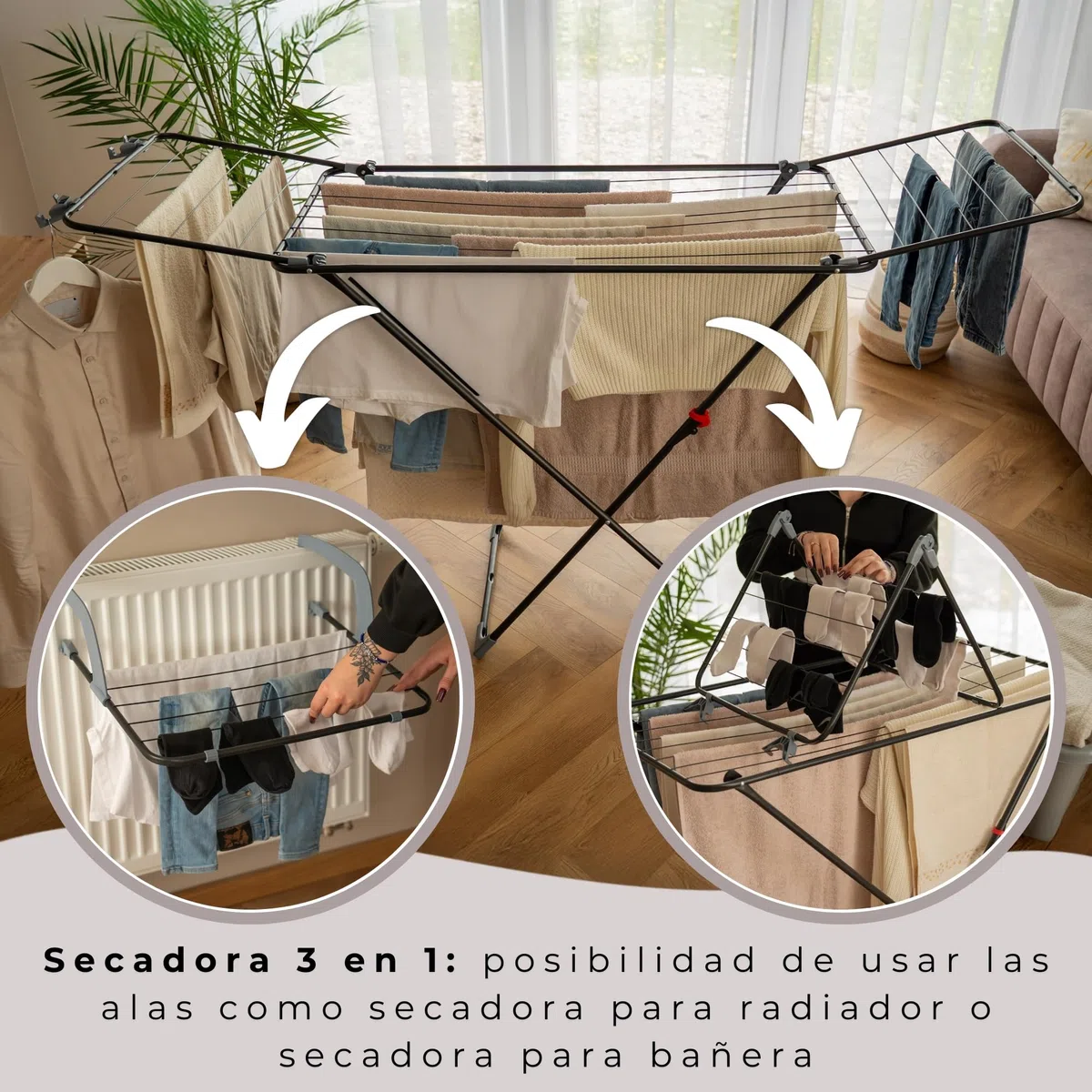 SPRINGOS - Tendedero para balcón plegable 3en1 con 17 metros de superficie de secado para ropa, prendas y ropa interior. Soporte para secar en el balcón, radiador y bañera