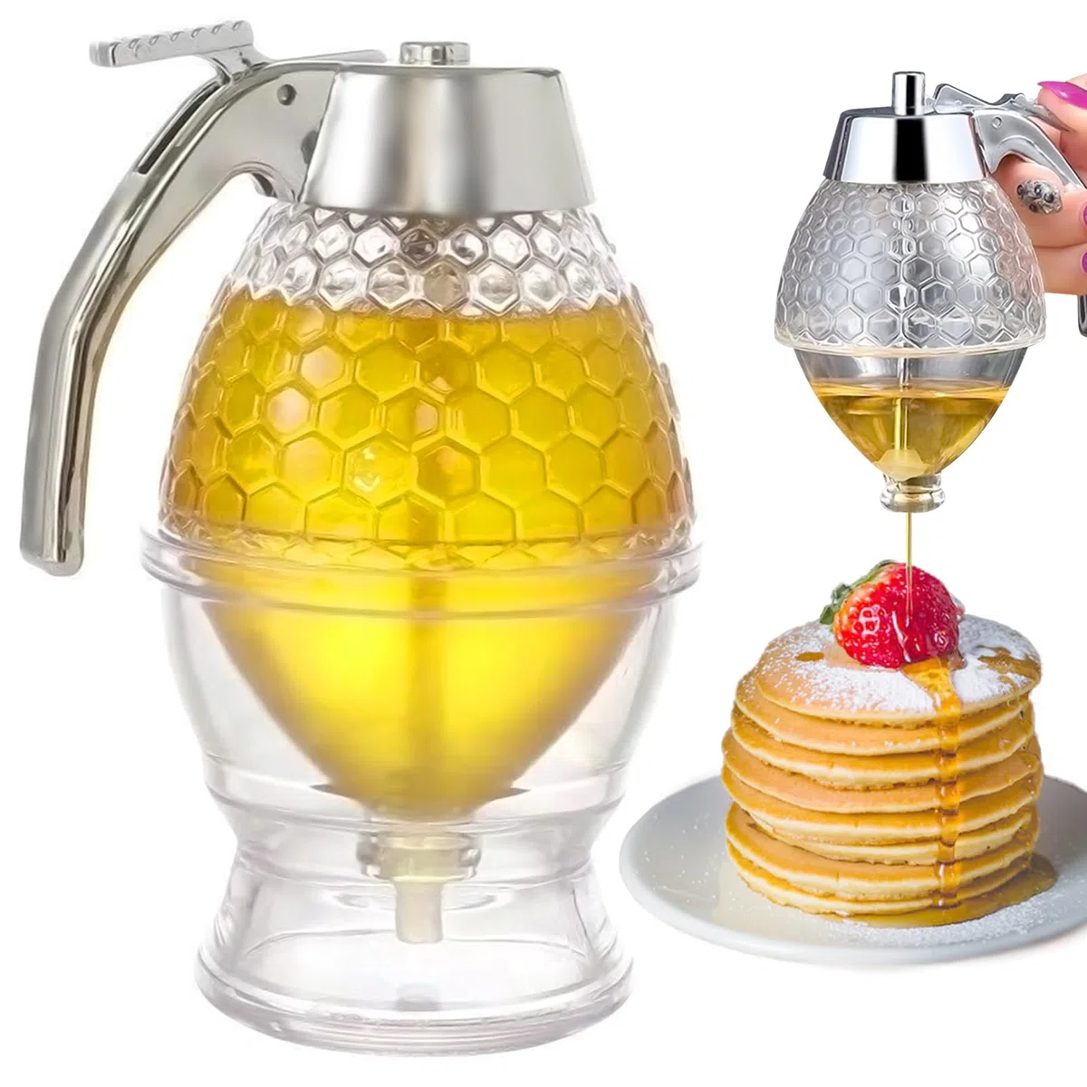 Dispensador Miel, Dispensador de Miel de Acrílico, Tarro De Dispensador De Miel , para Servir Miel y Almíbar, Sin Goteo, Flujo Moderado (200 ml)