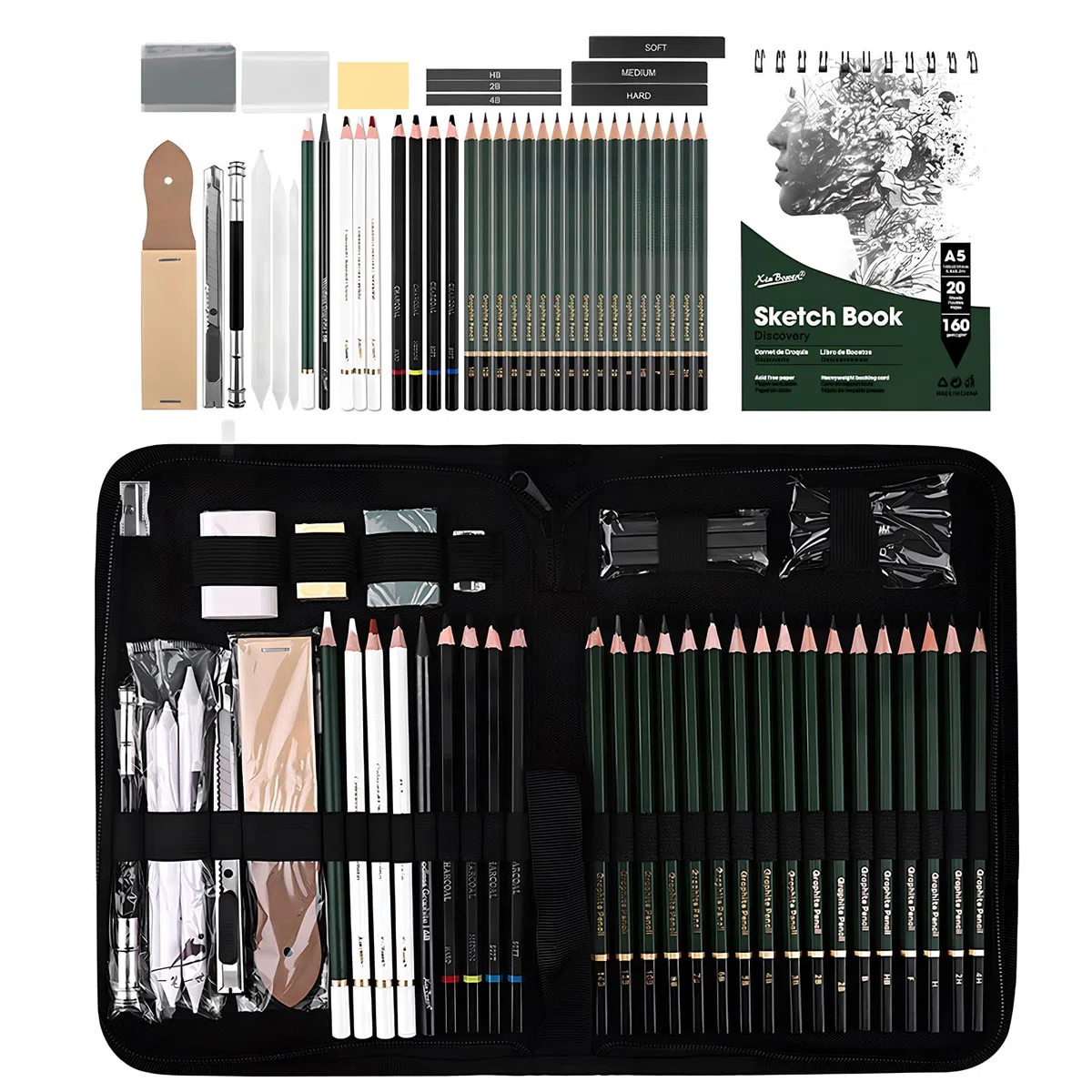 Juego de 43 Lápices de Dibujo Profesional, Set de Dibujo en Carboncillo Incluye Lápices de Carbón Lápices de Boceto, Goma de Borrar y Palo de Carbón, Perfecto para Artistas y Principiantes