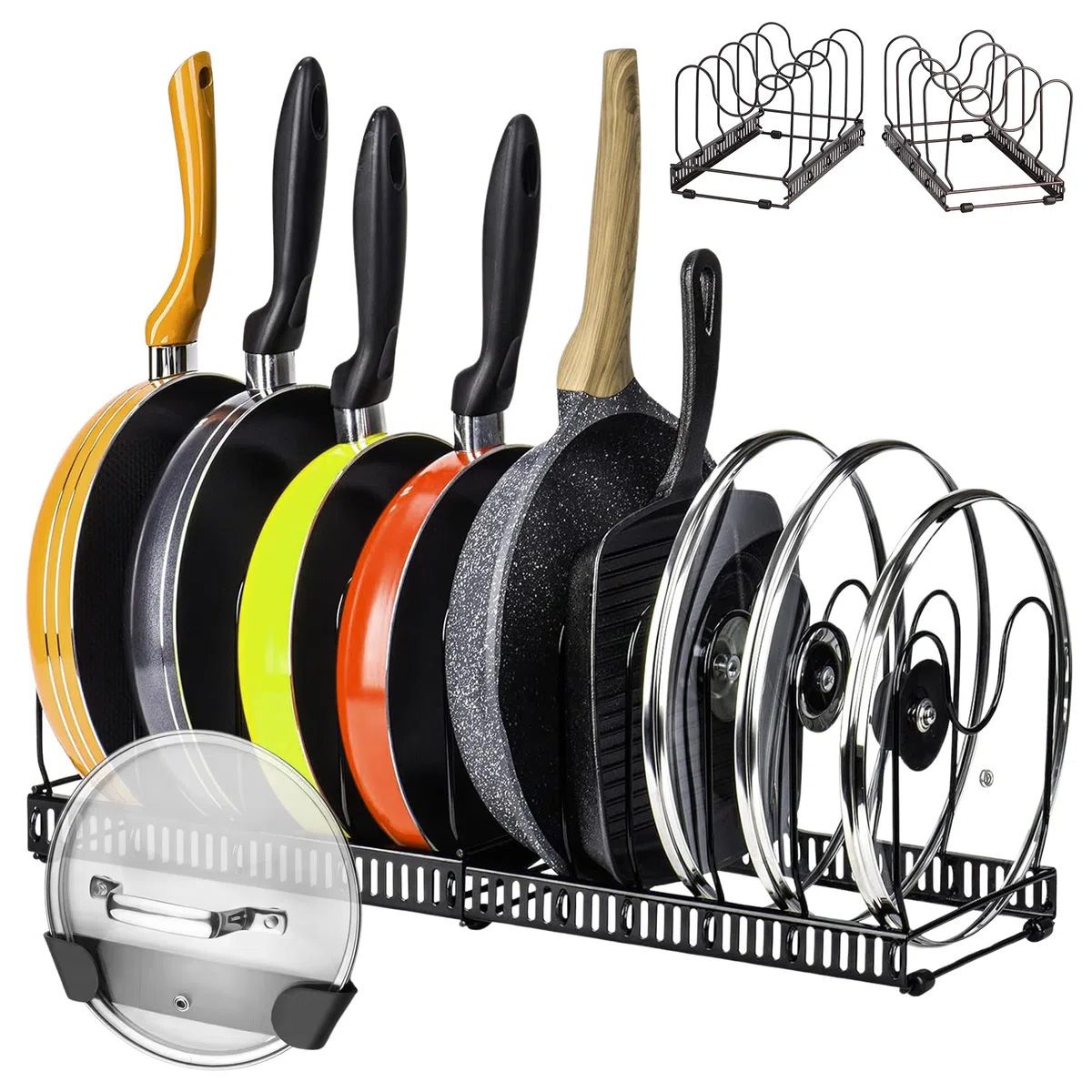 organizador sartenes y ollas cajon - 10 compartimentos y un soporte adhesivo para tapas - organizador de platos para armario y cajones de cocina