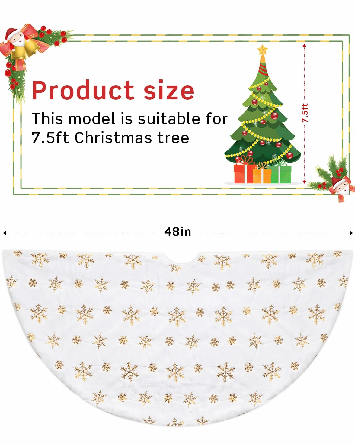 COOLWUFAN 48 Inches/122CM Falda para Arbol de Navidad para Decoraciones de Fiesta de Navidad de Arbol de Navidad Copo de Nieve de Lentejuelas Dorado de Felpa Blanca