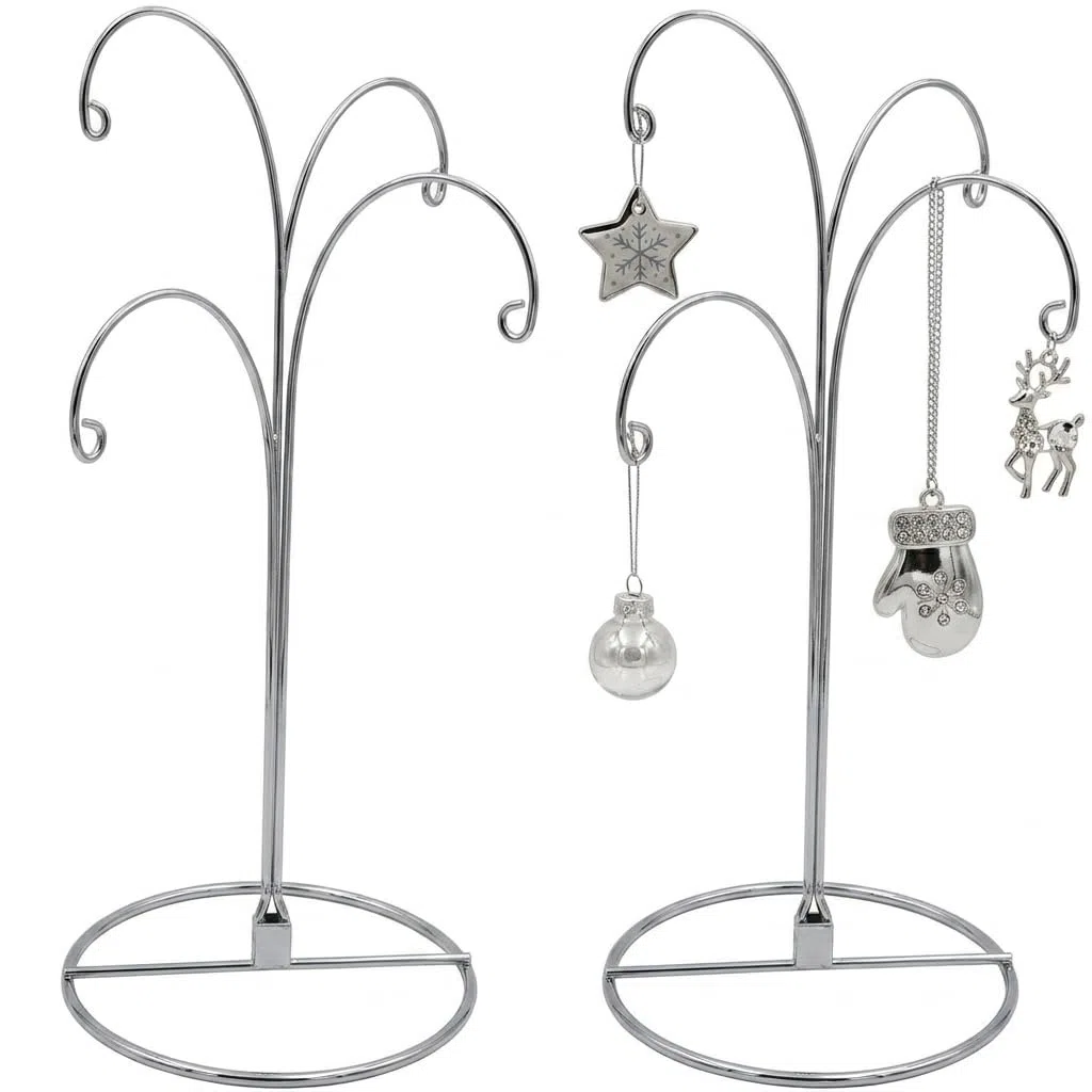 HOHIYA Soporte exhibición adorno 30 cm 4 brazos gancho hierro plata Ideal para bolas de Navidad adornos colgantes y decoración festiva 2 unidades