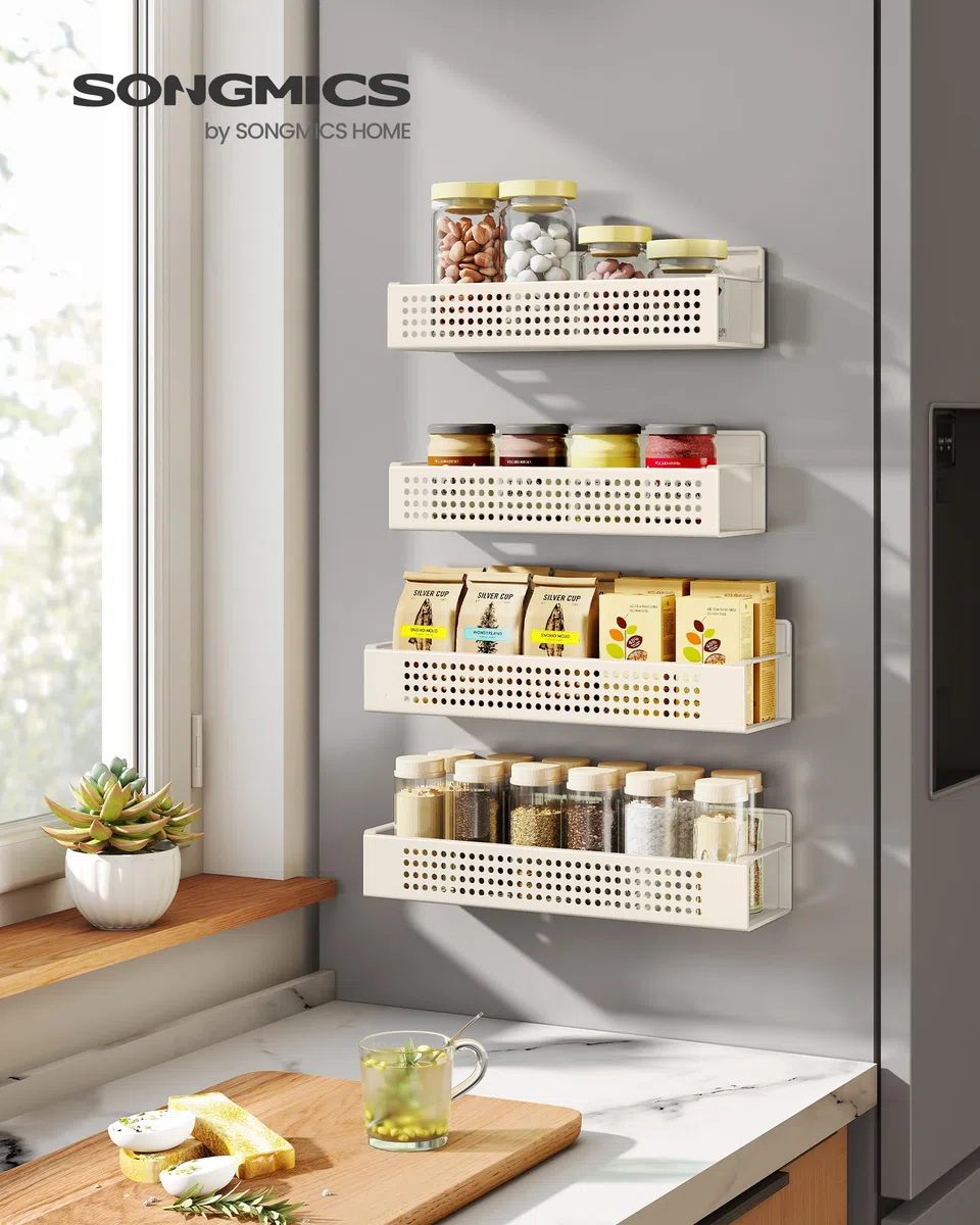 SONGMICS Especiero Magnético, Juego de 4, 2 Estantes Grandes y 2 Pequeños, Organizador de Especias sin Taladrar, para Cocina, Frigorífico, Microondas, Lavadora, Blanco Crema KCS061W01