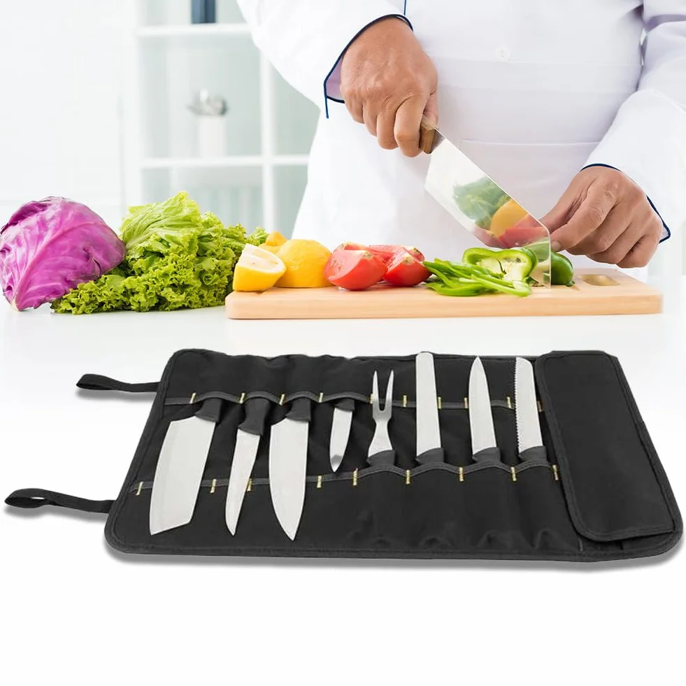 Bolsa para Cuchillos de Chef，35,5 * 57 cm con 20 Ranuras Protectores de Rollo de Almacenamiento de Cubiertos Portátiles Multifuncionales para el Hogar Cocina Viajes y Campamentos Sostiene