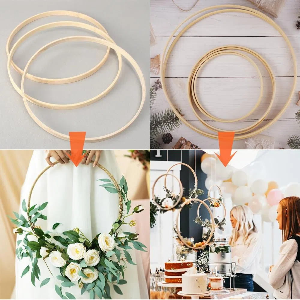 6 Anillos de Corona Florales de Bambú, Aro Maramado Decorativo de Madera 15 cm/20 cm/30 cm, Redondo Maramado Aro de Bambú, Anillo Redondo Madera para Decoración de Bodas, Atrapasueños, Manualidades