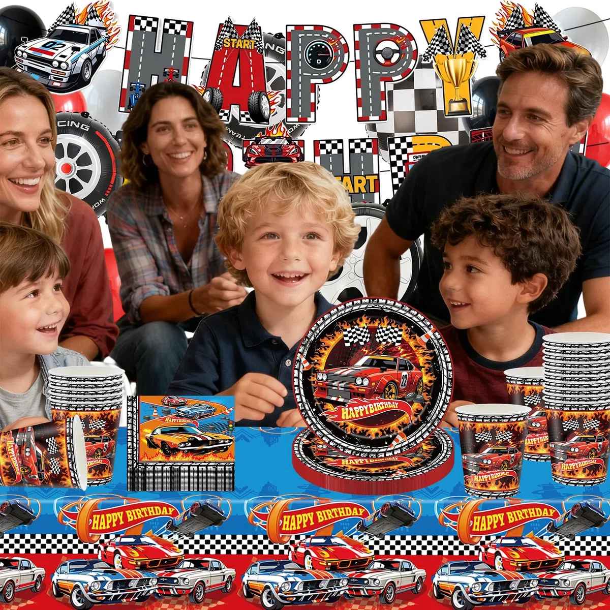 Racing Party cutlery set, 61Stk racing party decoration, dibujos animados temáticos cutlery including plates, tazas, tissues, tablecloths, decoraciones de cumpleaños para niños