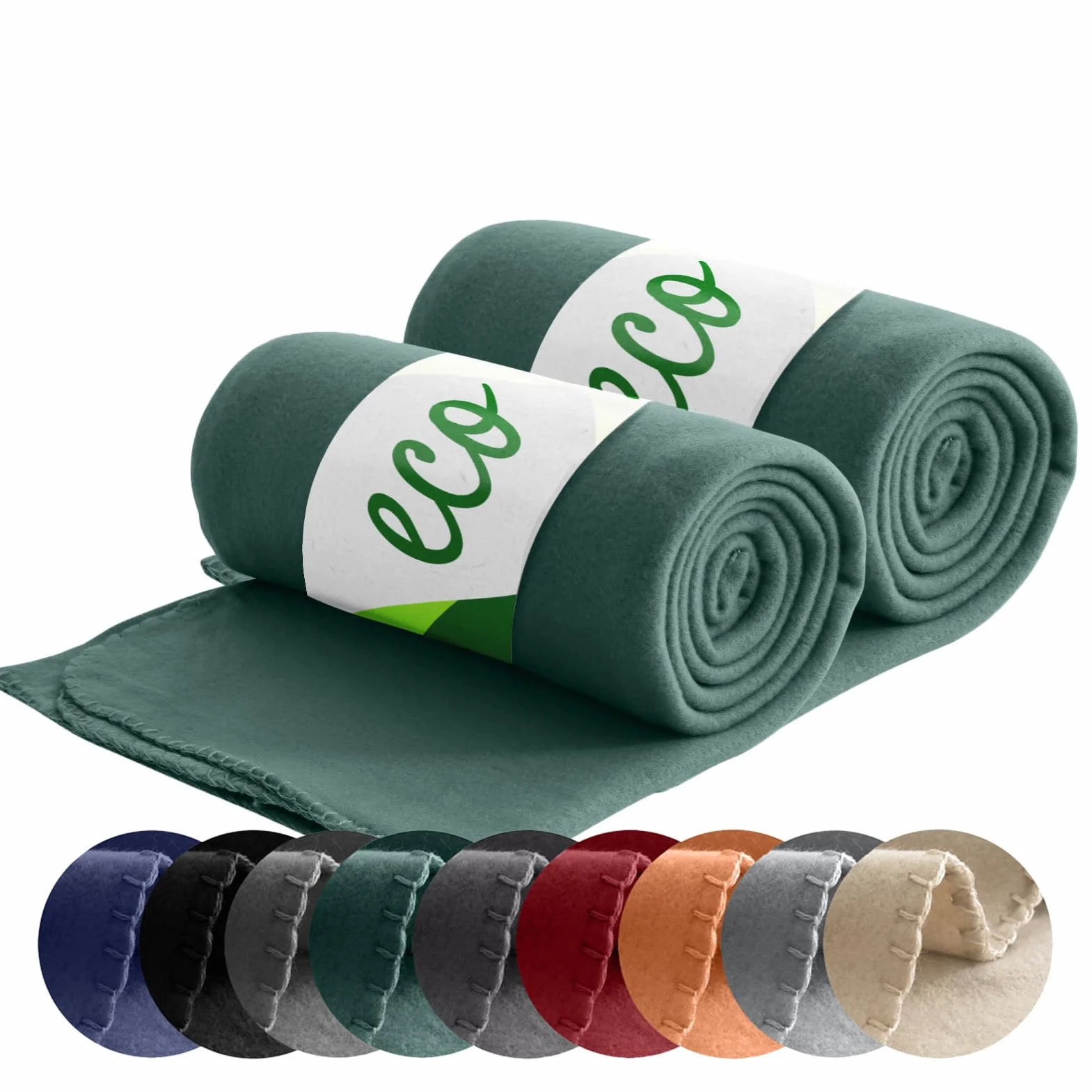 wometo Juego de 2 mantas de forro polar ecológico de material 100% reciclado + certificado Öko-Tex, 130 x 160 cm, aprox. 400 g, color verde oscuro con antibolitas y borde ribeteado