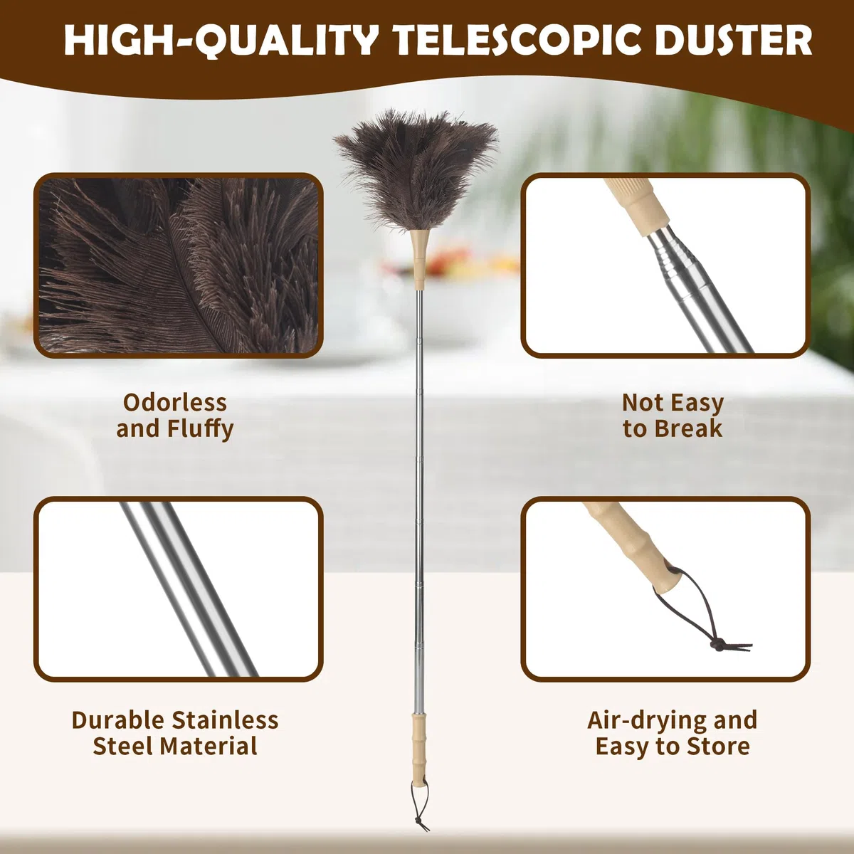 Plumero de Plumas de Avestruz, Plumero Telescopico Extensible hasta 186 cm,Lavable, Antiestático, no Raya, con Mango de, para Techos, Ventiladores de Techo, Muebles, Coches y Superficies