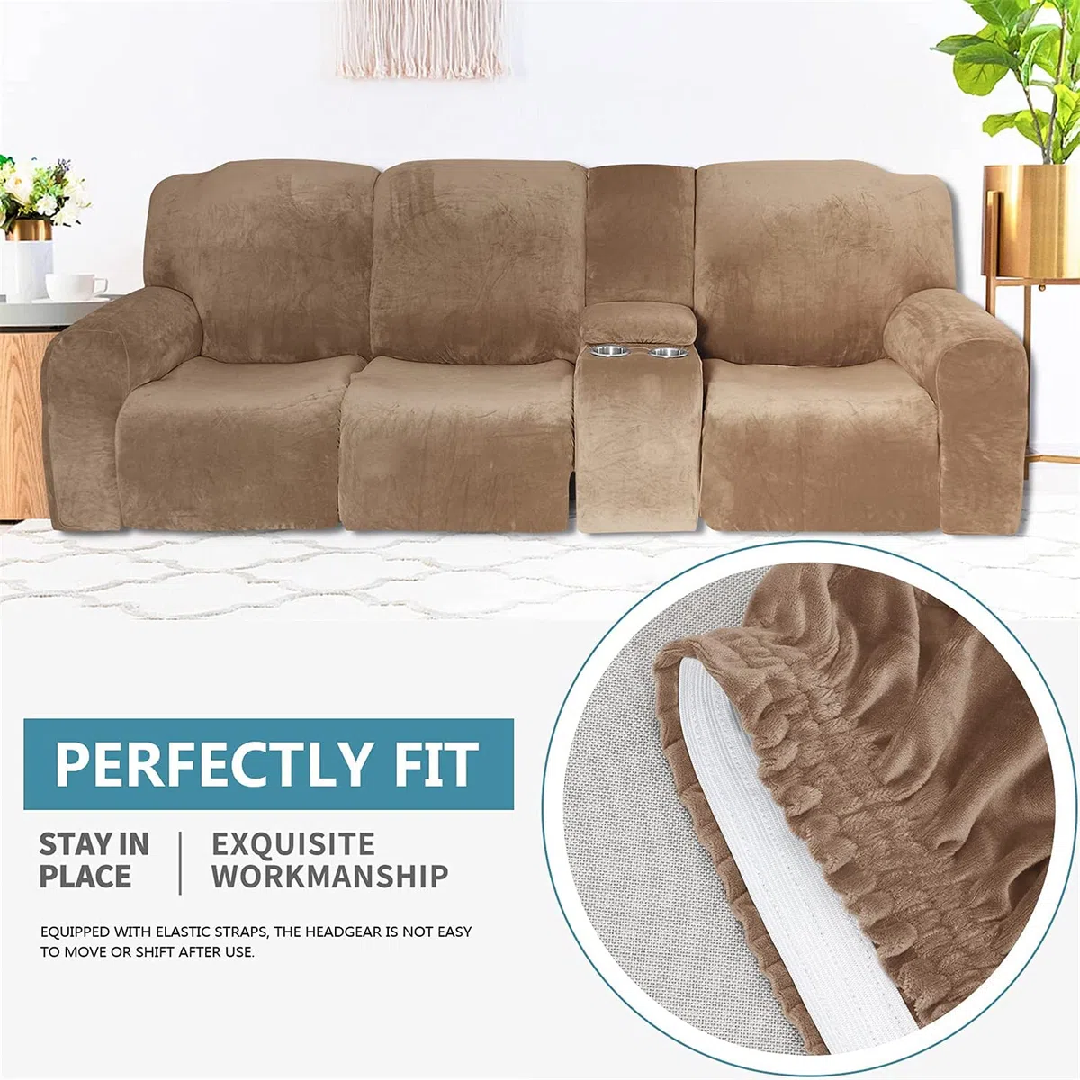 Funda reclinable elástica de Terciopelo con Consola - Tela Lavable Suave y Gruesa - Color Arena de 2 a 3 plazas - ¡Proteja su sofá reclinable con Esta Funda reclinable Premium contra el Desgaste Dia