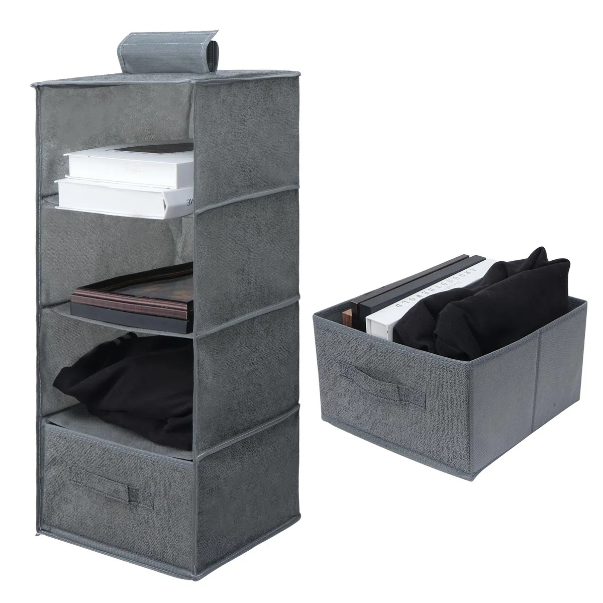 Organizador Armario Colgante con 4 Compartimentos, Organizador de Armario con 1 Cajón, Lavable Baldas Armario Interior, Arrumacao Roupeiro para Dormitorio Caravana Camping (Gris)