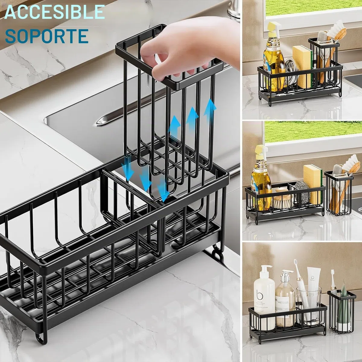 Organizador Bajo Fregadero Cocina, Soporte Esponja Cocina con Toallero, Estropajo Fregadero con Bandeja Drenaje, Porta Estropajos Almacenamiento Organizador, Negro